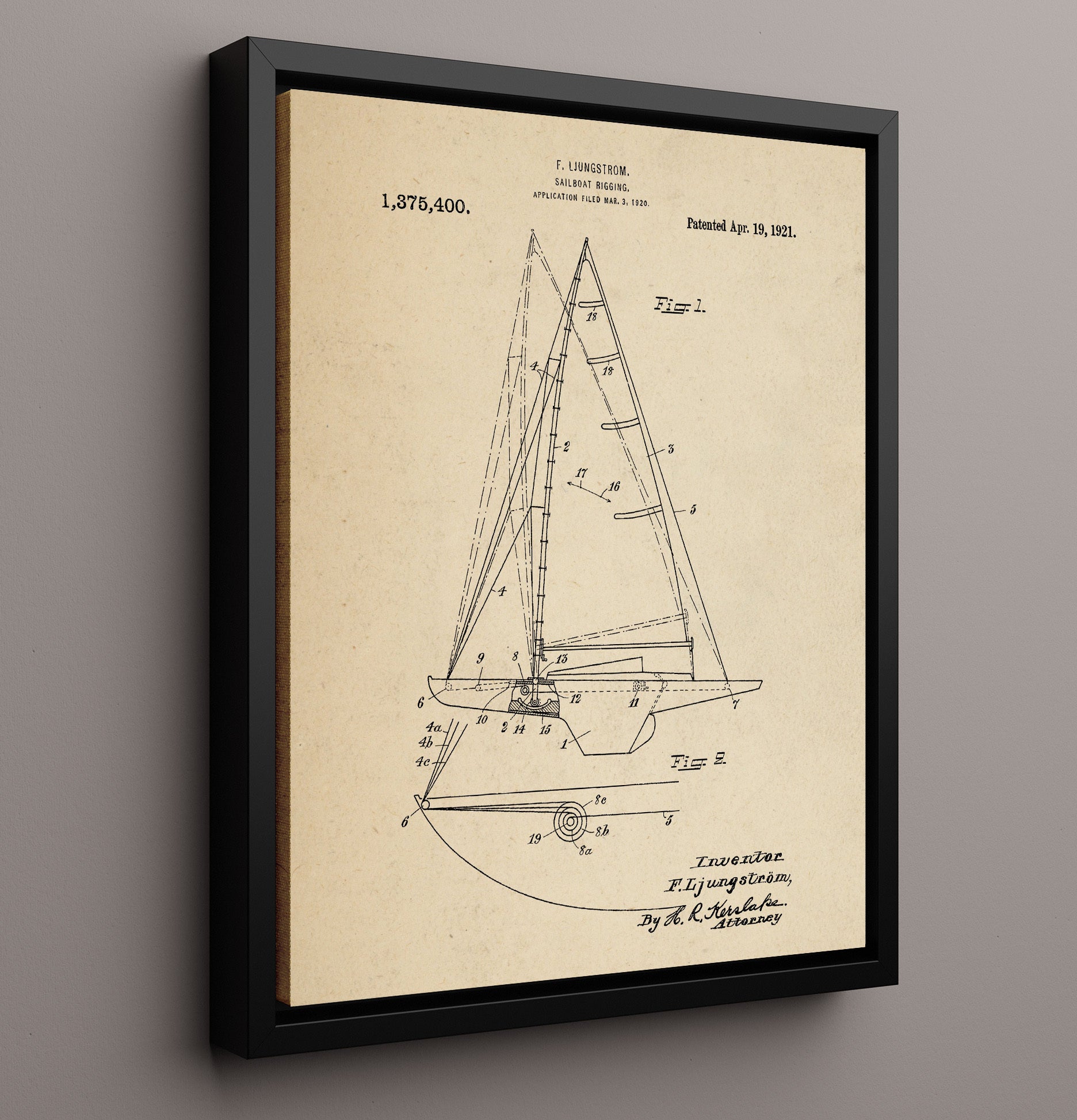 Patent Print - Sailboat Rigging - Fredrik Ljungstrom - 1921 - Patent 1375400 Patent Wall Art