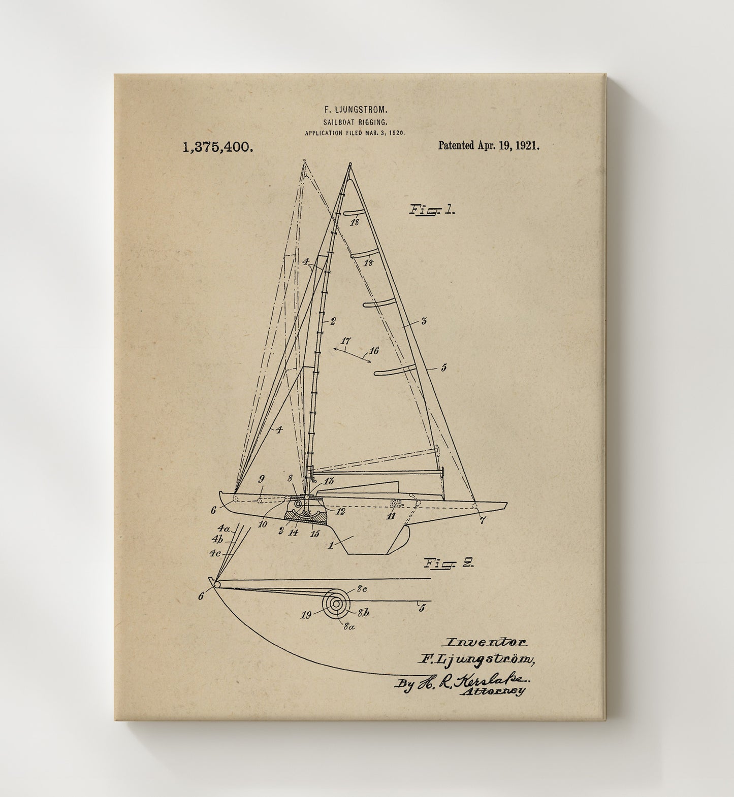 Patent Print - Sailboat Rigging - Fredrik Ljungstrom - 1921 - Patent 1375400 Patent Wall Art