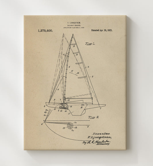 Sailboat Rigging 1921 patent print wall art 8x10 Canvas