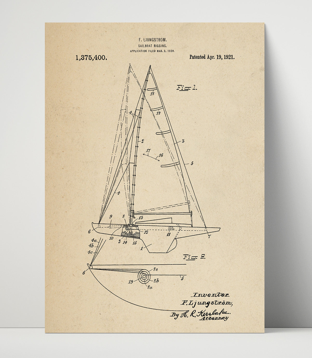 Patent Print - Sailboat Rigging - Fredrik Ljungstrom - 1921 - Patent 1375400 Patent Wall Art