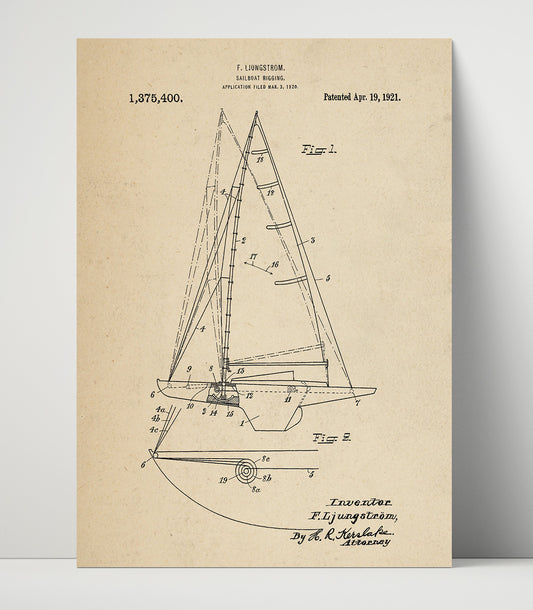 Sailboat Rigging - 1921 Patent - 16x20 Unframed Print