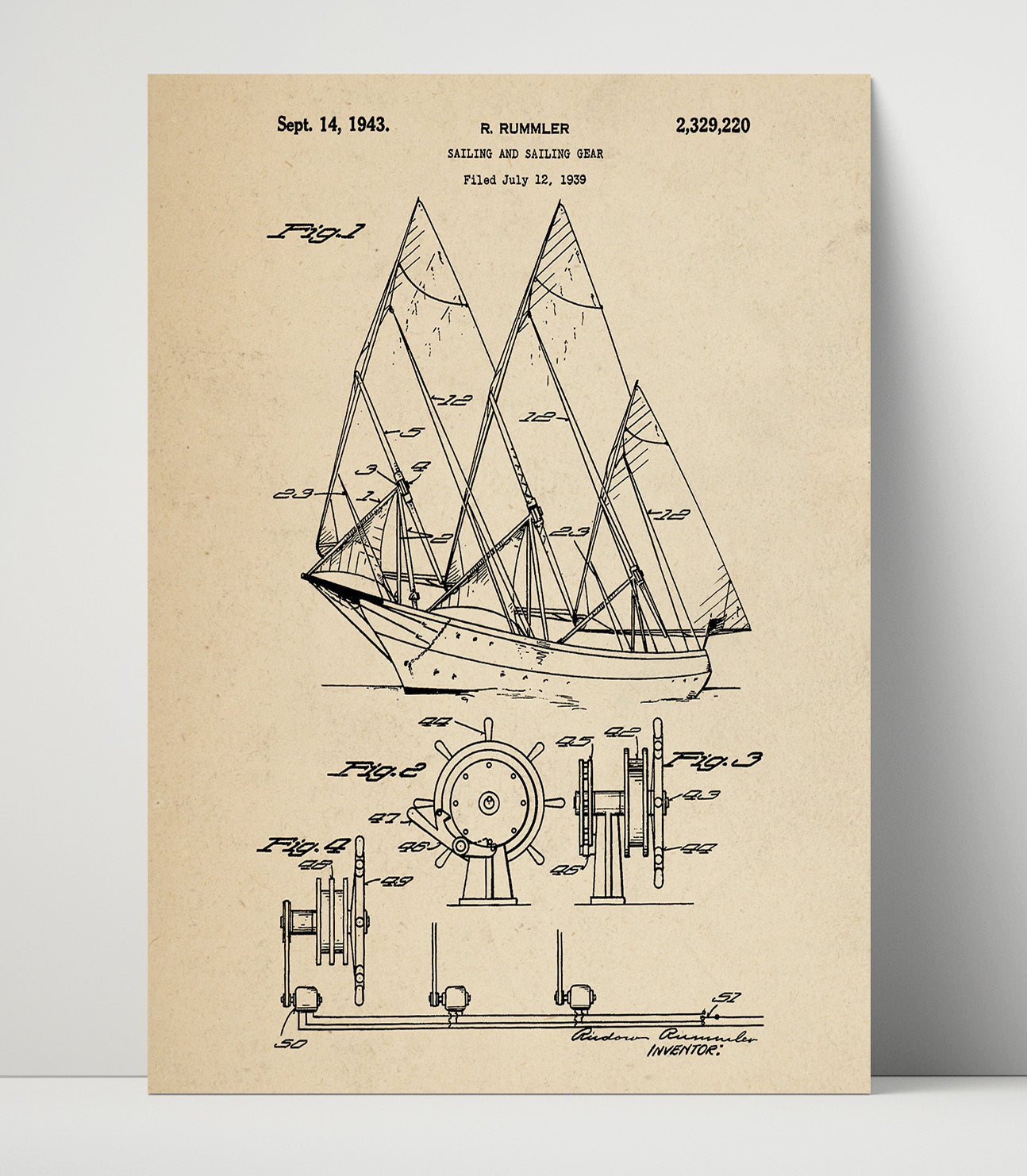 Patent Print - Sailing And Sailing Gear - Rudolf Rummler - 1943 - Patent 2329220 Patent Wall Art