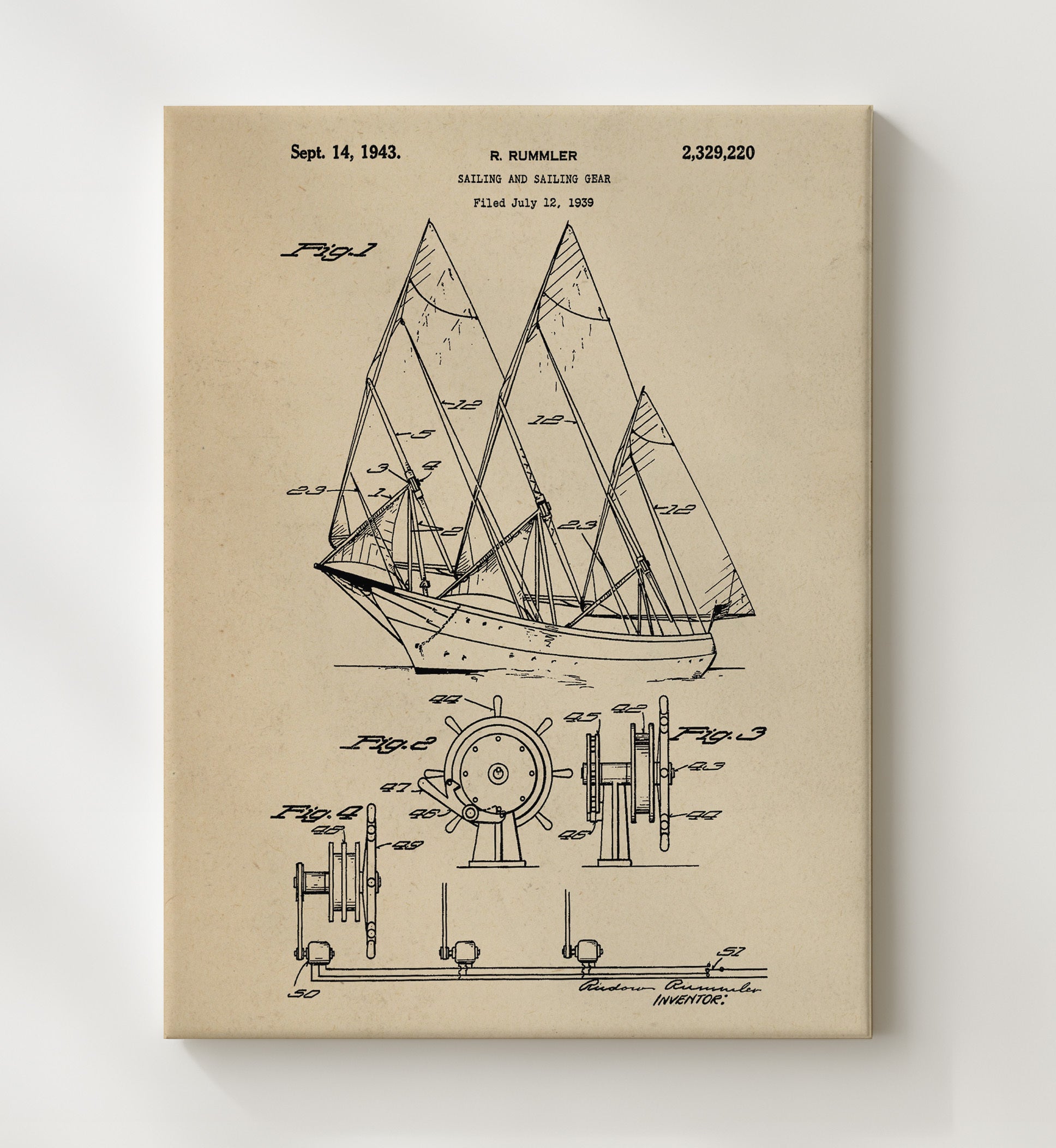 Patent Print - Sailing And Sailing Gear - Rudolf Rummler - 1943 - Patent 2329220 Patent Wall Art