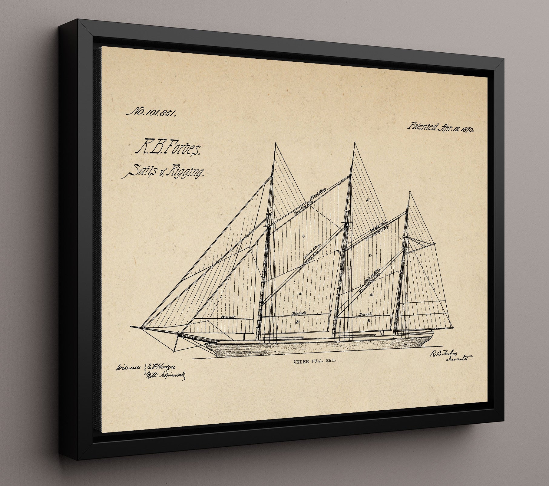 Patent Print - Sails And Rigging - R B Forbes - 1870 - Patent 101851 - Landscape Patent Wall Art