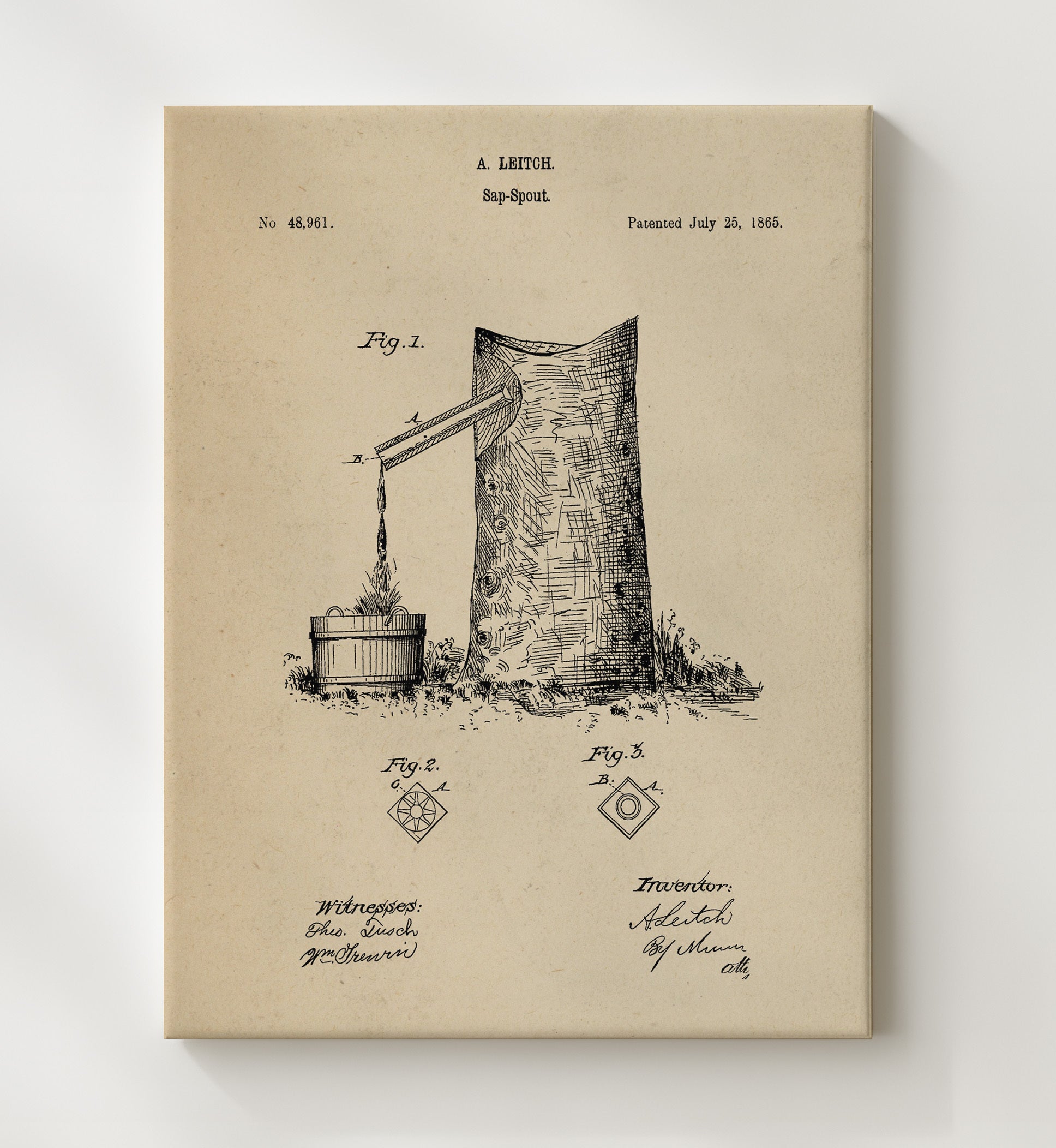 Patent Print - Sap Spout - A. Leitch - 1865 - Patent 48961 Patent Wall Art