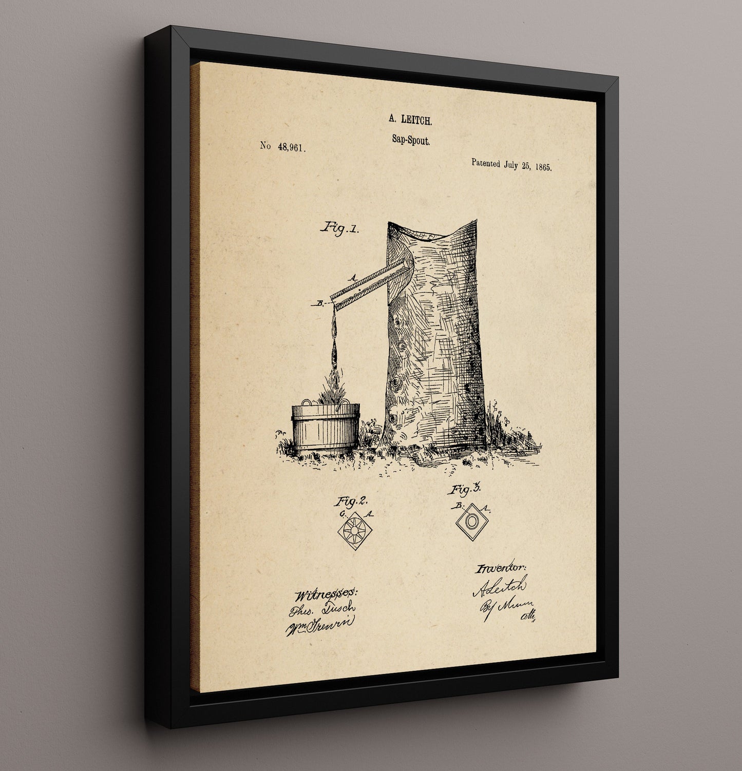 Patent Print - Sap Spout - A. Leitch - 1865 - Patent 48961 Patent Wall Art