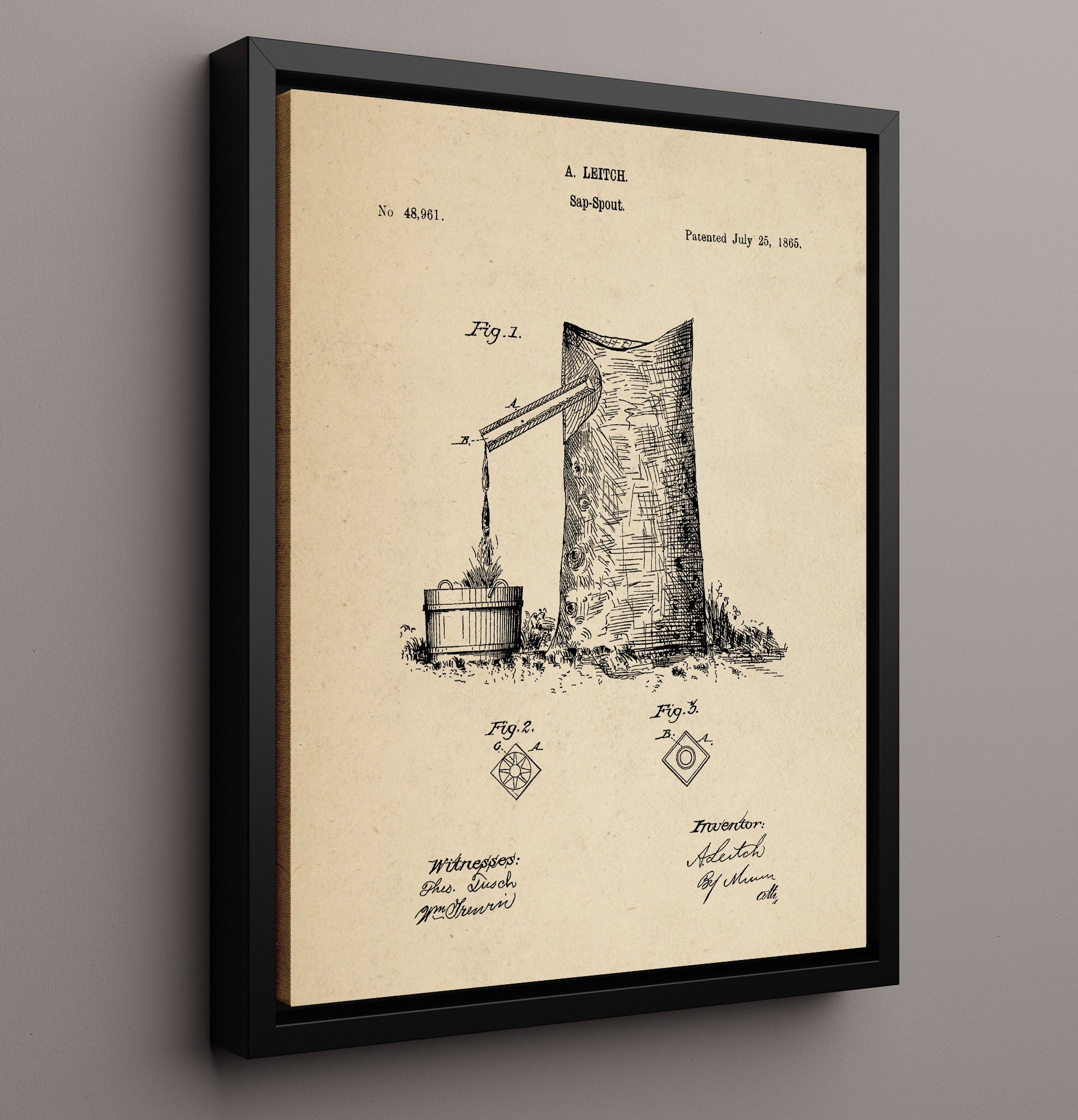 Patent Print - Sap Spout - A. Leitch - 1865 - Patent 48961 Patent Wall Art