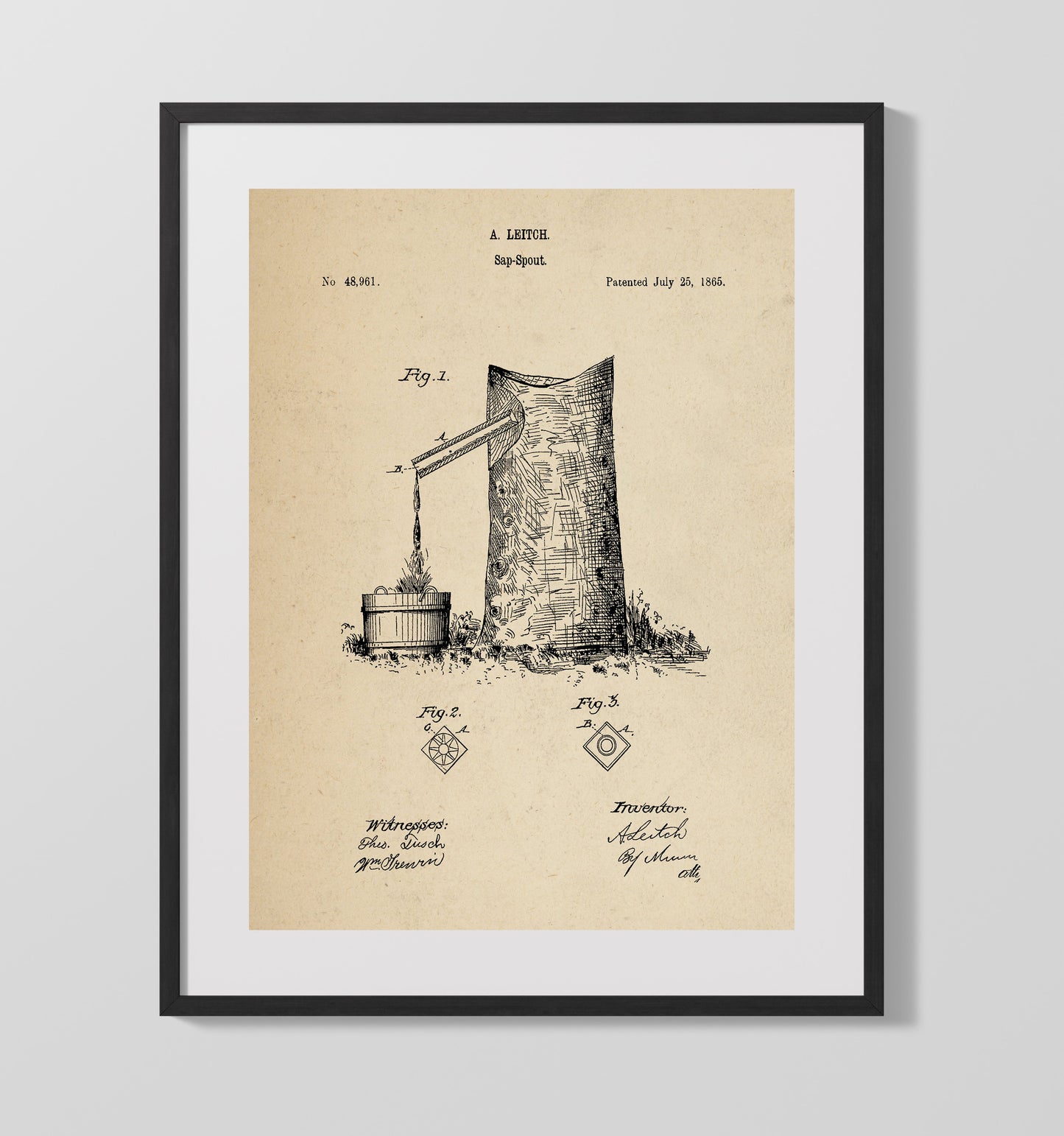 Patent Print - Sap Spout - A. Leitch - 1865 - Patent 48961 Patent Wall Art