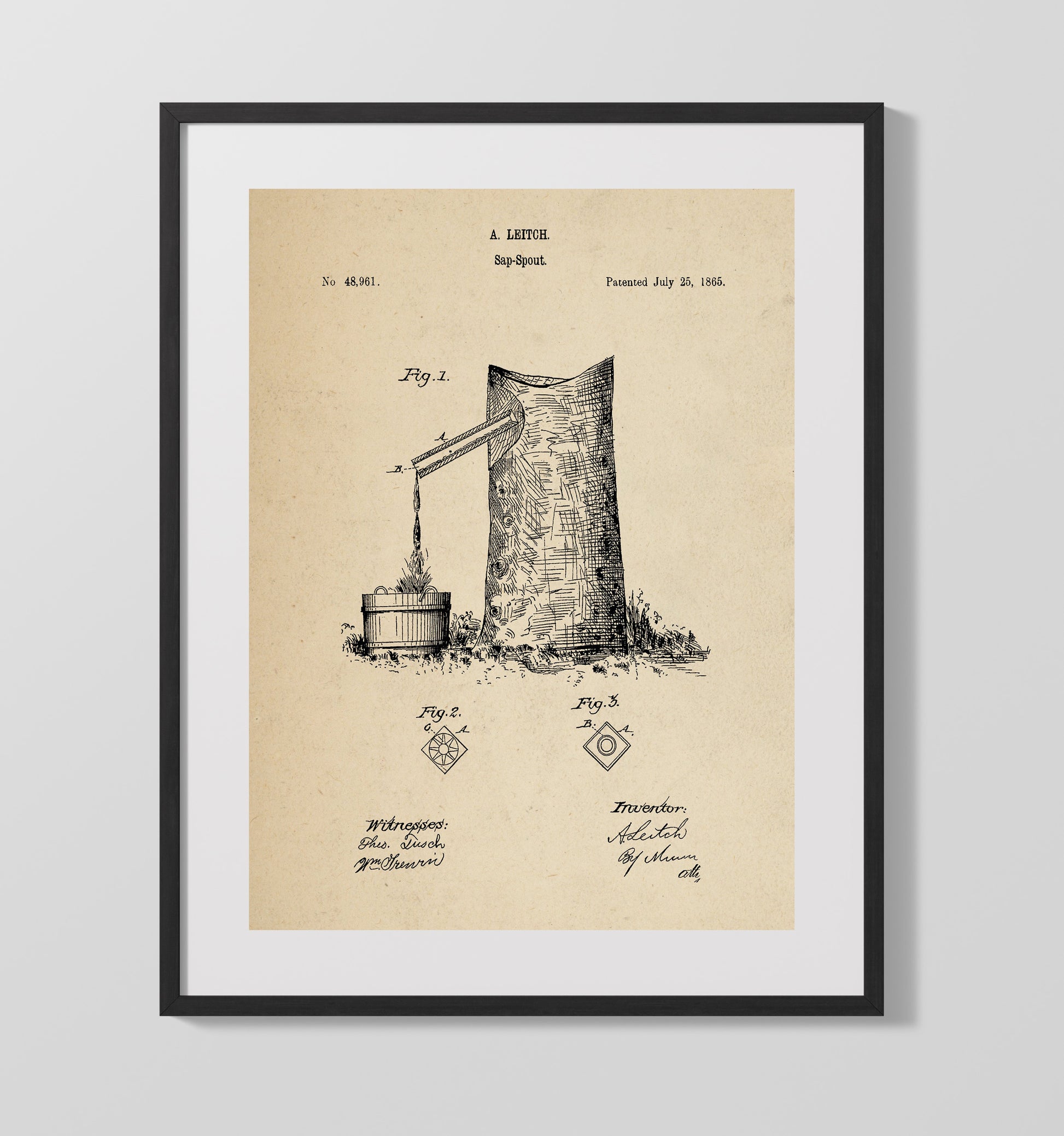 Patent Print - Sap Spout - A. Leitch - 1865 - Patent 48961 Patent Wall Art
