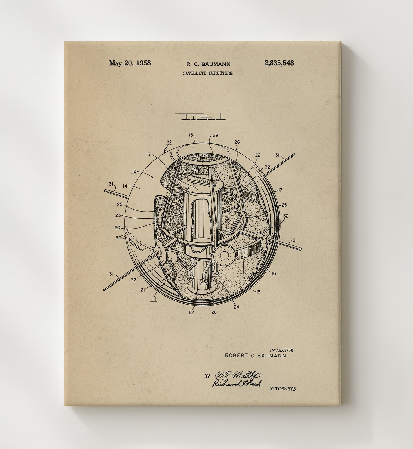 Patent Print - Satellite Structure - Robert C Baumann - 1958 - Patent 2835548 Patent Wall Art