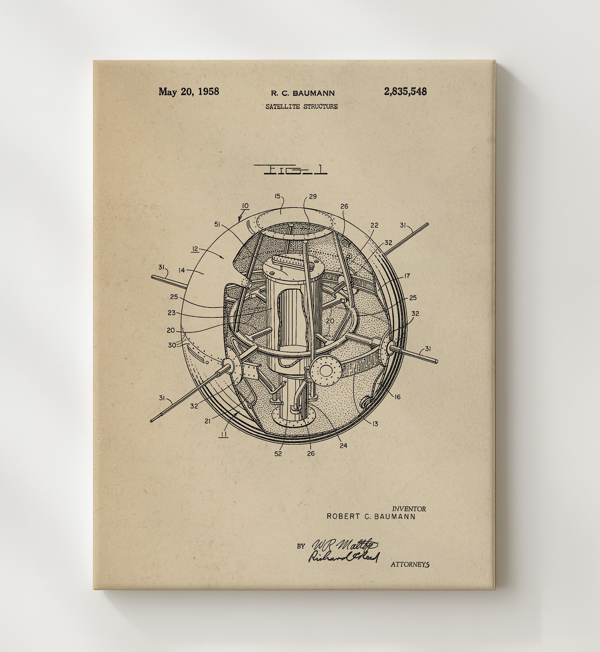 Patent Print - Satellite Structure - Robert C Baumann - 1958 - Patent 2835548 Patent Wall Art