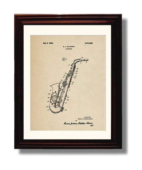 Patent Print - Saxophone - Earl J. Gillespie - 1949 - Patent 2474836 Patent Wall Art
