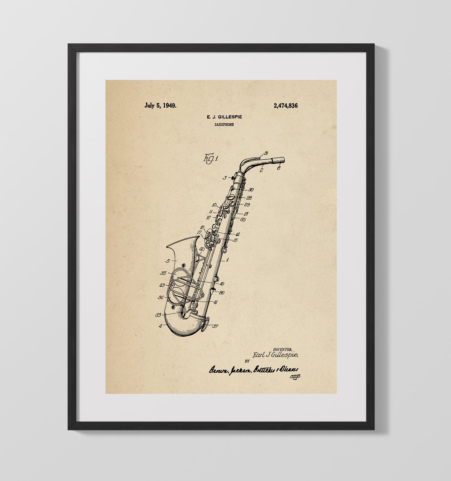 Patent Print - Saxophone - Earl J. Gillespie - 1949 - Patent 2474836 Patent Wall Art