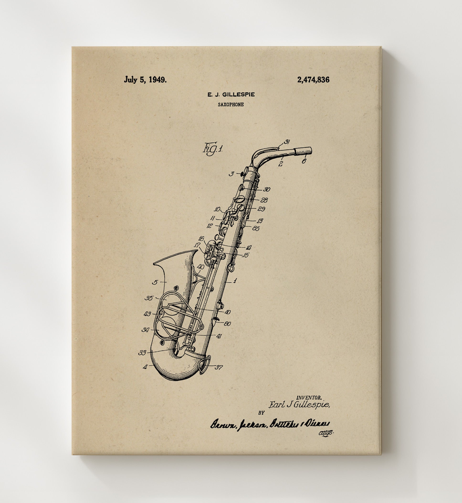 Patent Print - Saxophone - Earl J. Gillespie - 1949 - Patent 2474836 Patent Wall Art