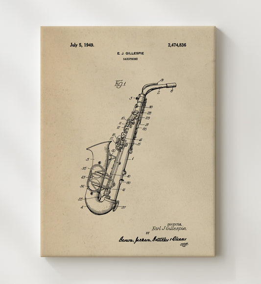Saxophone 1949 patent print wall art 8x10 Canvas