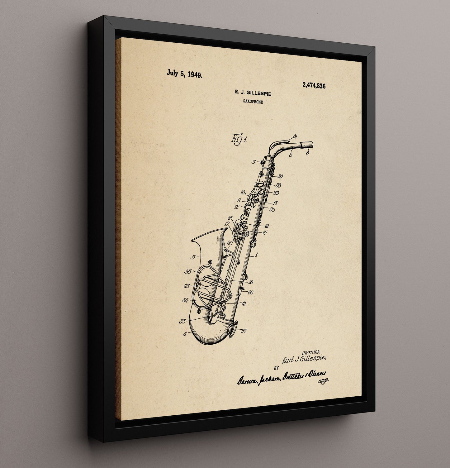 Patent Print - Saxophone - Earl J. Gillespie - 1949 - Patent 2474836 Patent Wall Art