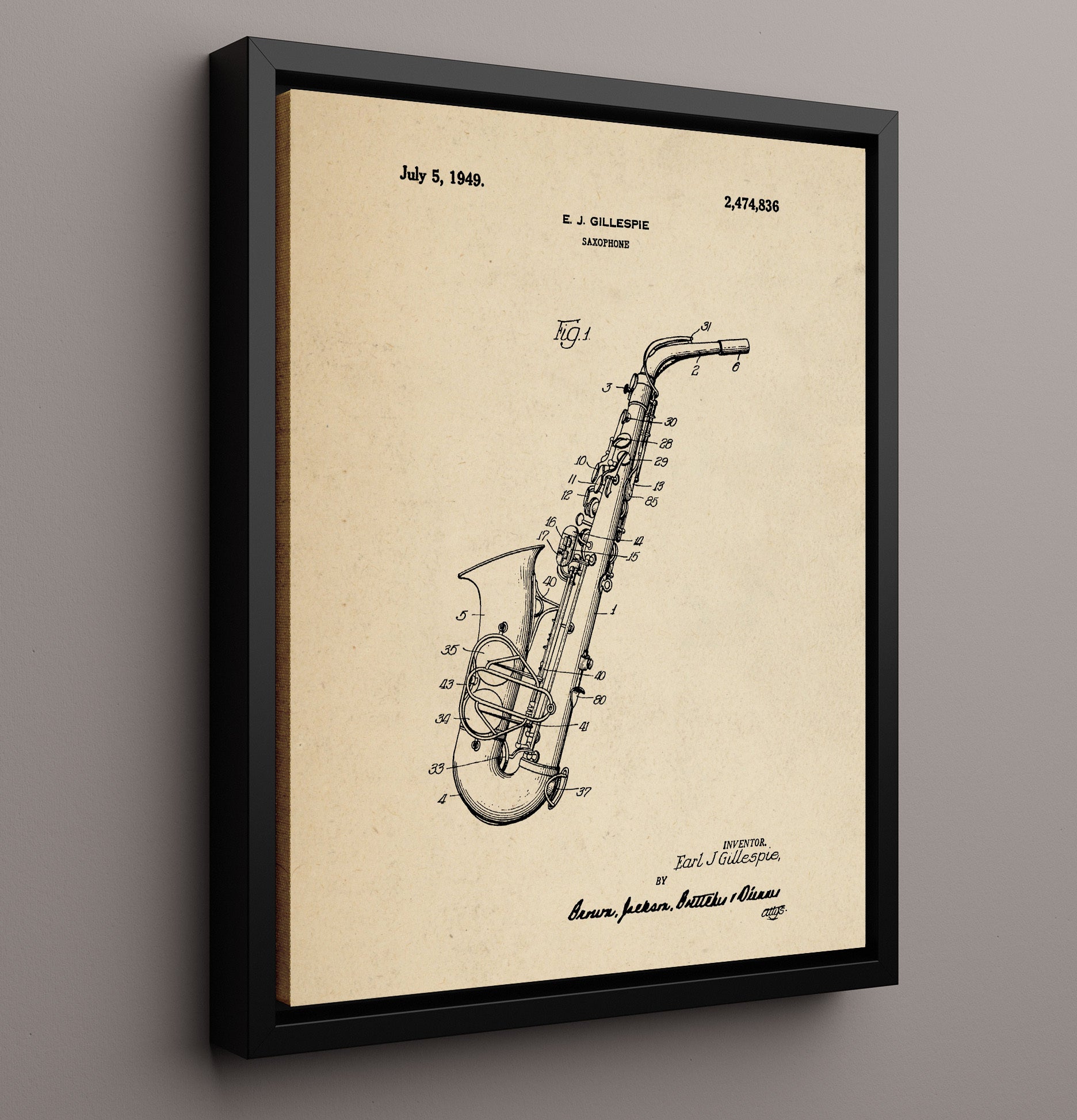 Patent Print - Saxophone - Earl J. Gillespie - 1949 - Patent 2474836 Patent Wall Art