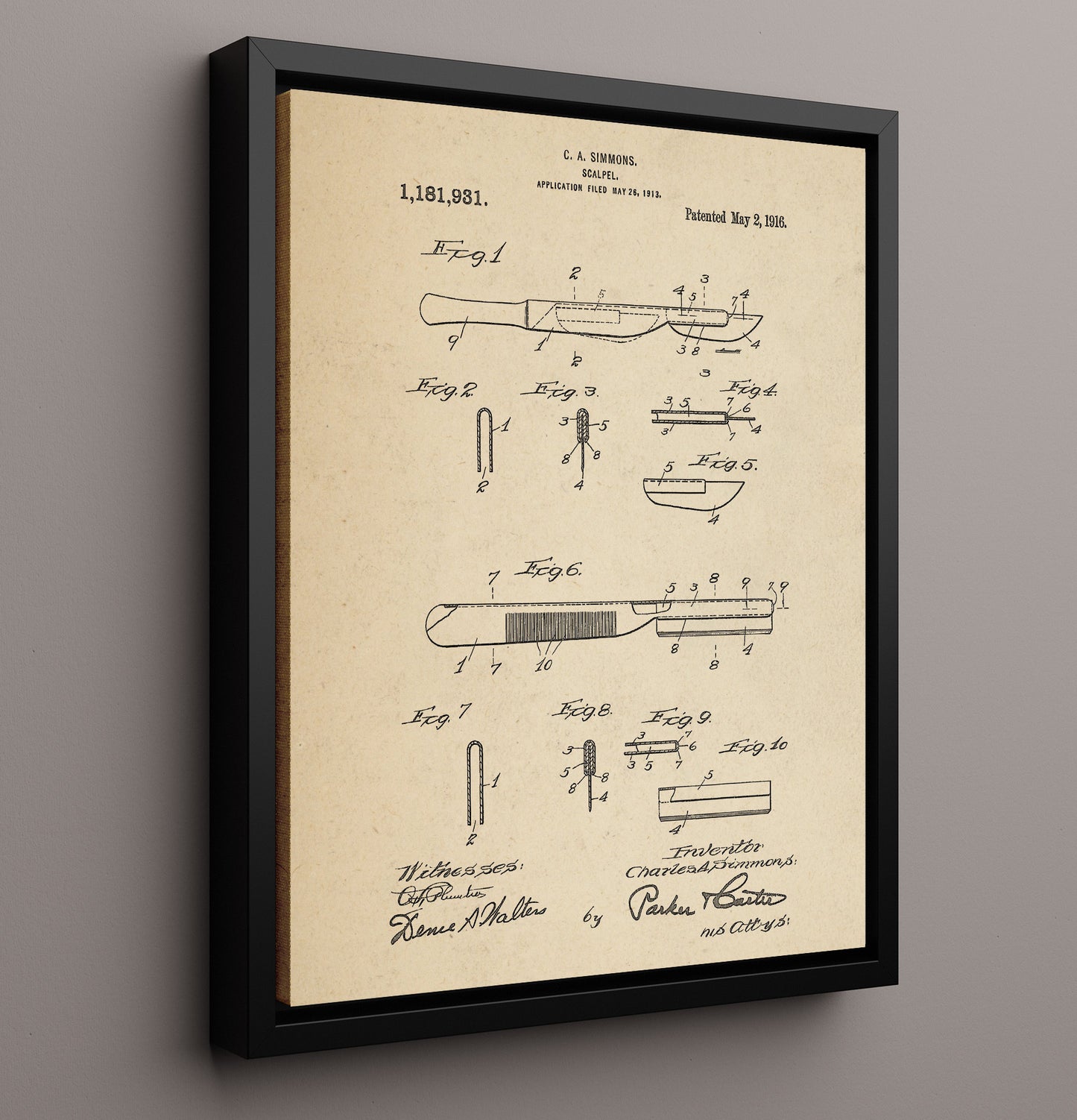 Patent Print - Scalpel - C. A. Simmons - 1916 - Patent 1181931 Patent Wall Art