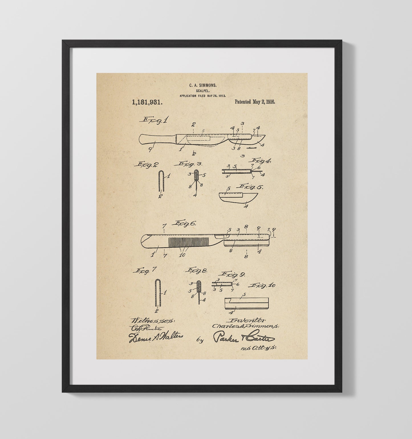 Patent Print - Scalpel - C. A. Simmons - 1916 - Patent 1181931 Patent Wall Art