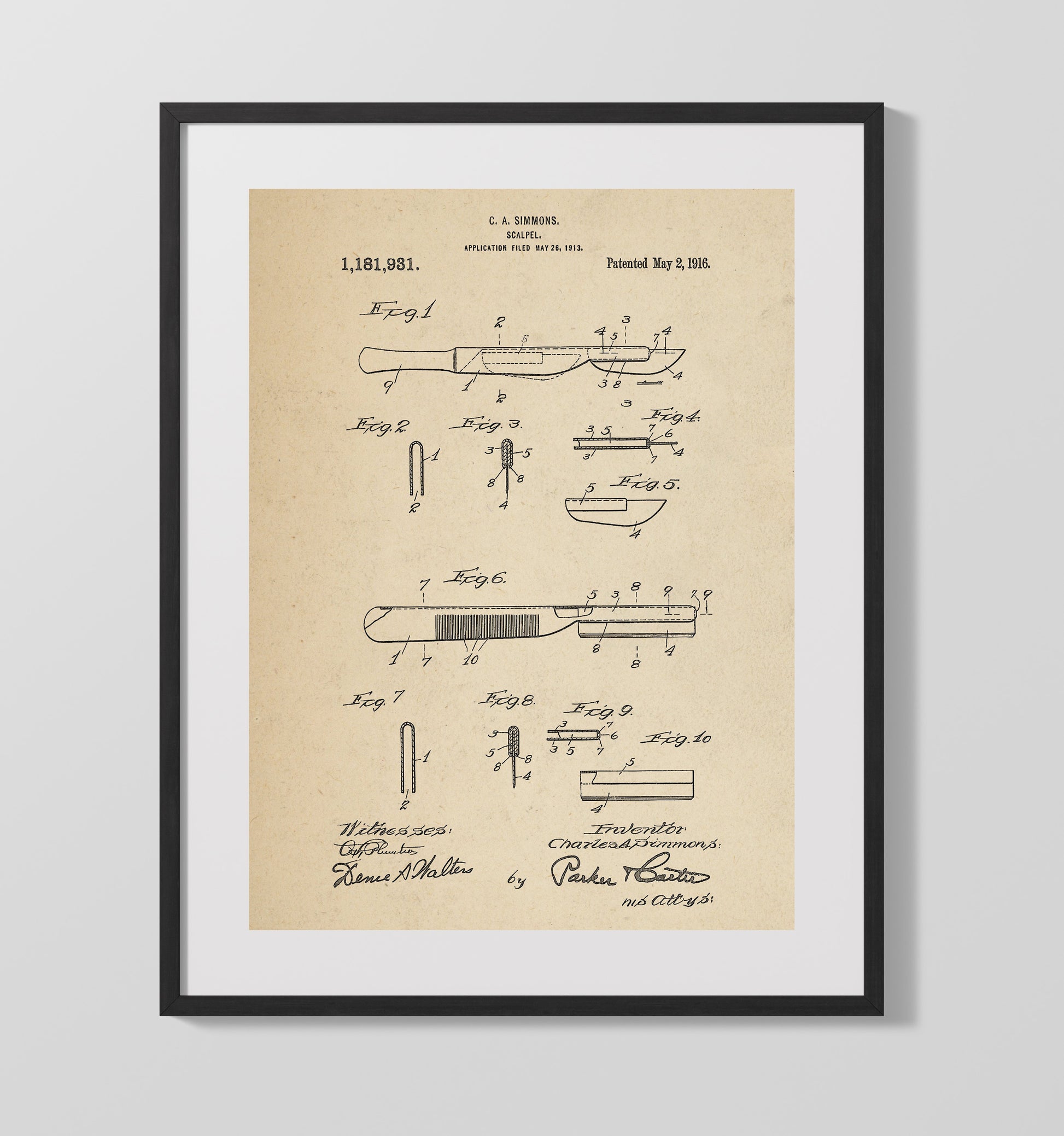 Patent Print - Scalpel - C. A. Simmons - 1916 - Patent 1181931 Patent Wall Art