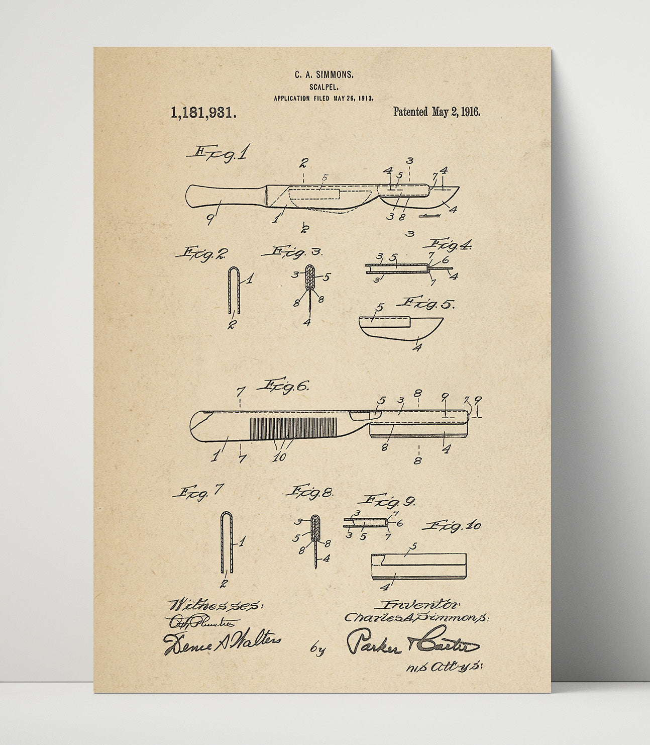 Patent Print - Scalpel - C. A. Simmons - 1916 - Patent 1181931 Patent Wall Art