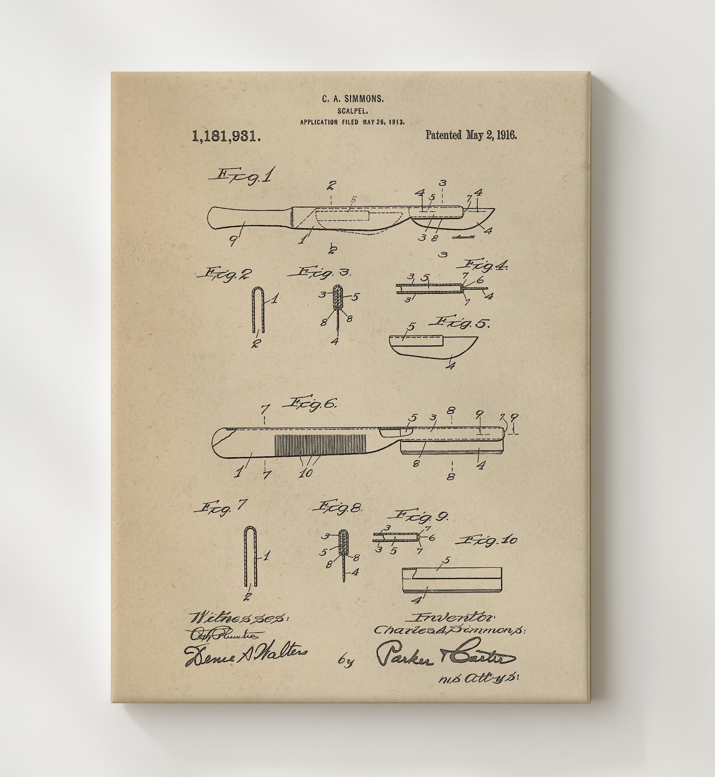 Patent Print - Scalpel - C. A. Simmons - 1916 - Patent 1181931 Patent Wall Art