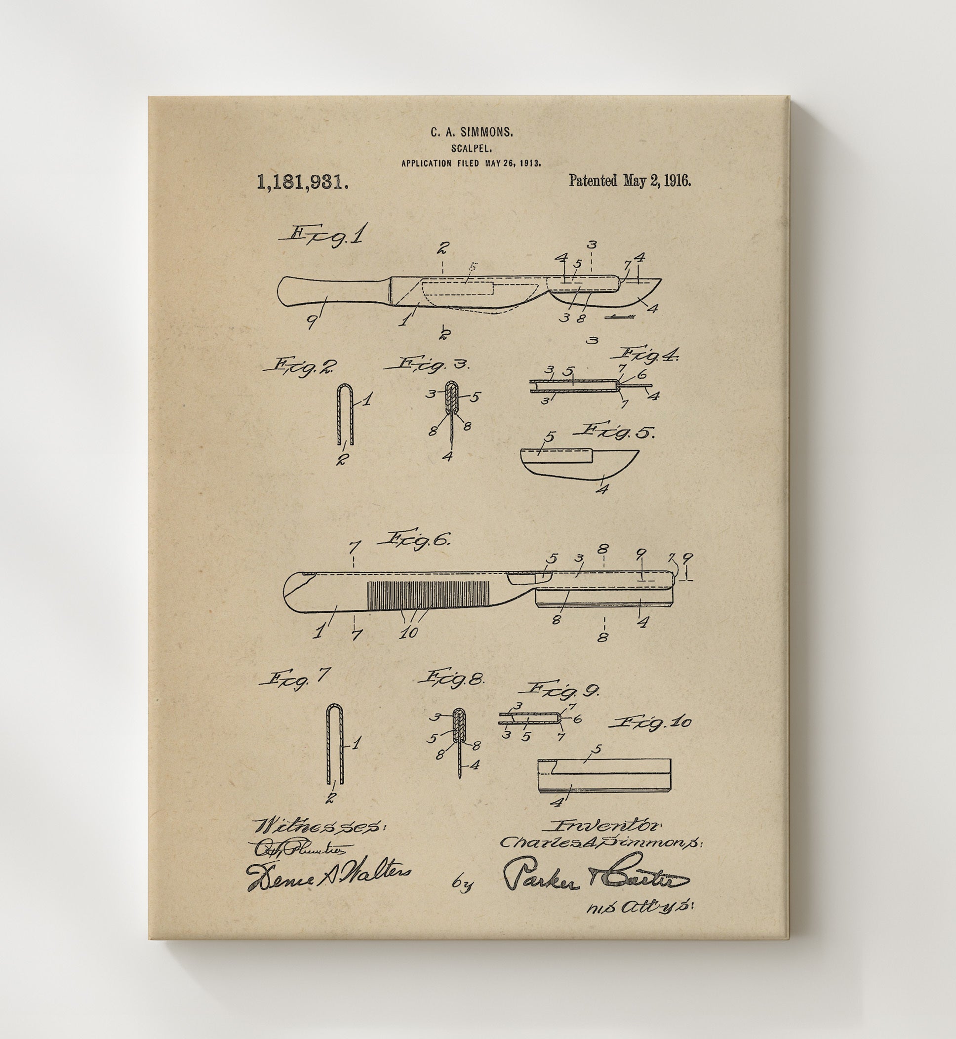 Patent Print - Scalpel - C. A. Simmons - 1916 - Patent 1181931 Patent Wall Art