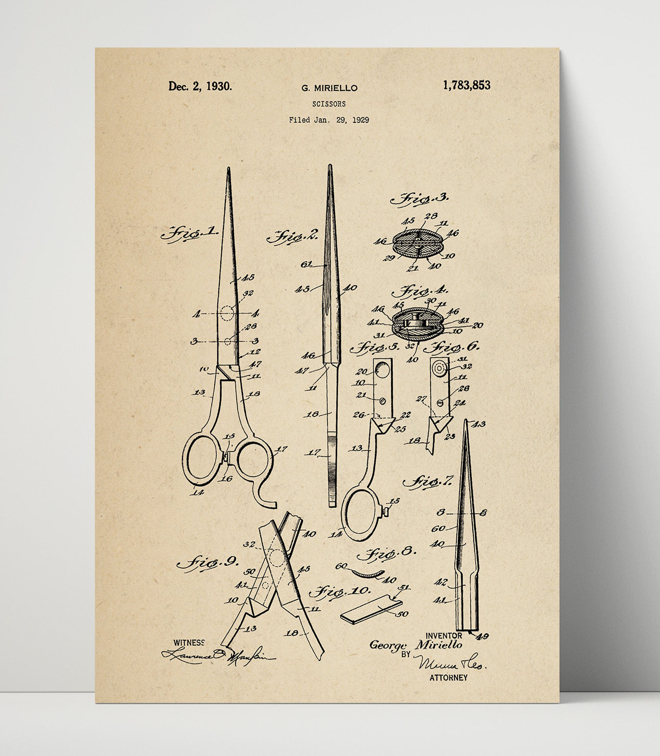 Patent Print - Scissors - G. Miriello - 1930 - Patent 1783853 Patent Wall Art