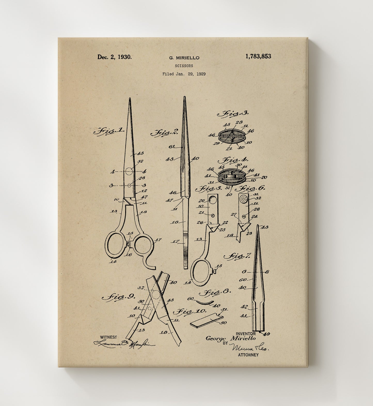 Patent Print - Scissors - G. Miriello - 1930 - Patent 1783853 Patent Wall Art