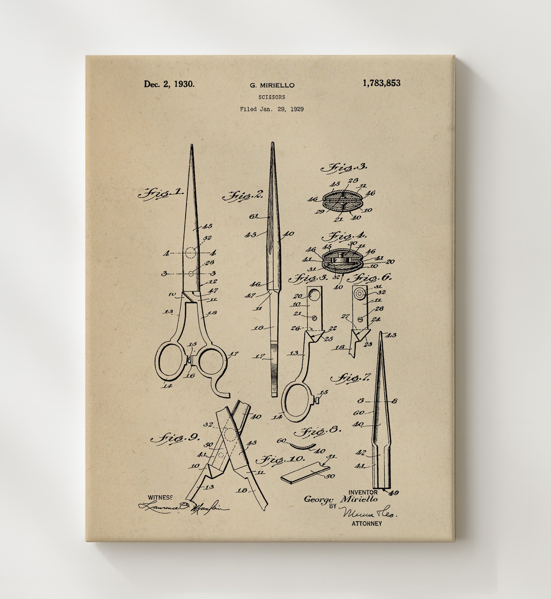 Patent Print - Scissors - G. Miriello - 1930 - Patent 1783853 Patent Wall Art