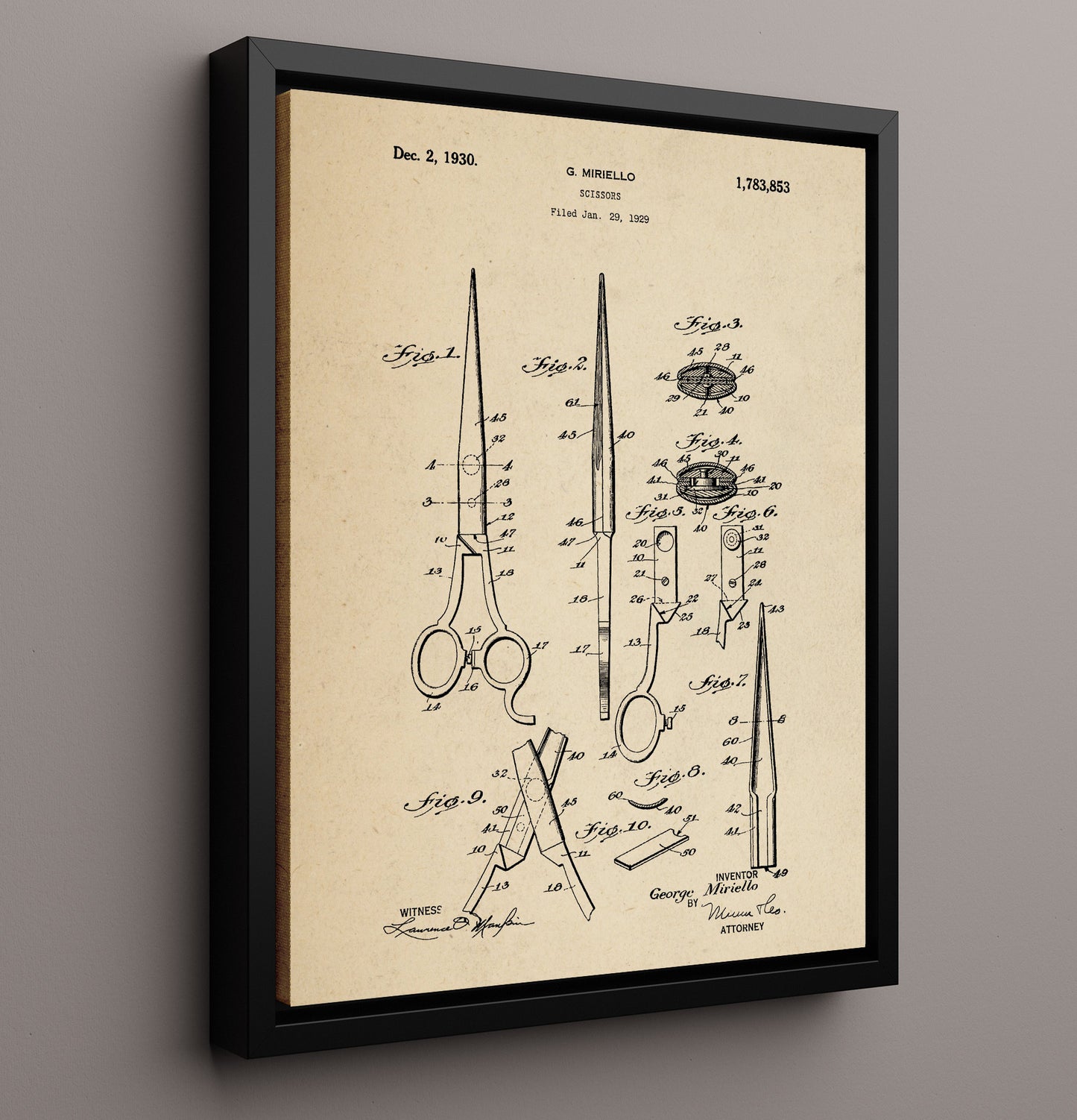 Patent Print - Scissors - G. Miriello - 1930 - Patent 1783853 Patent Wall Art