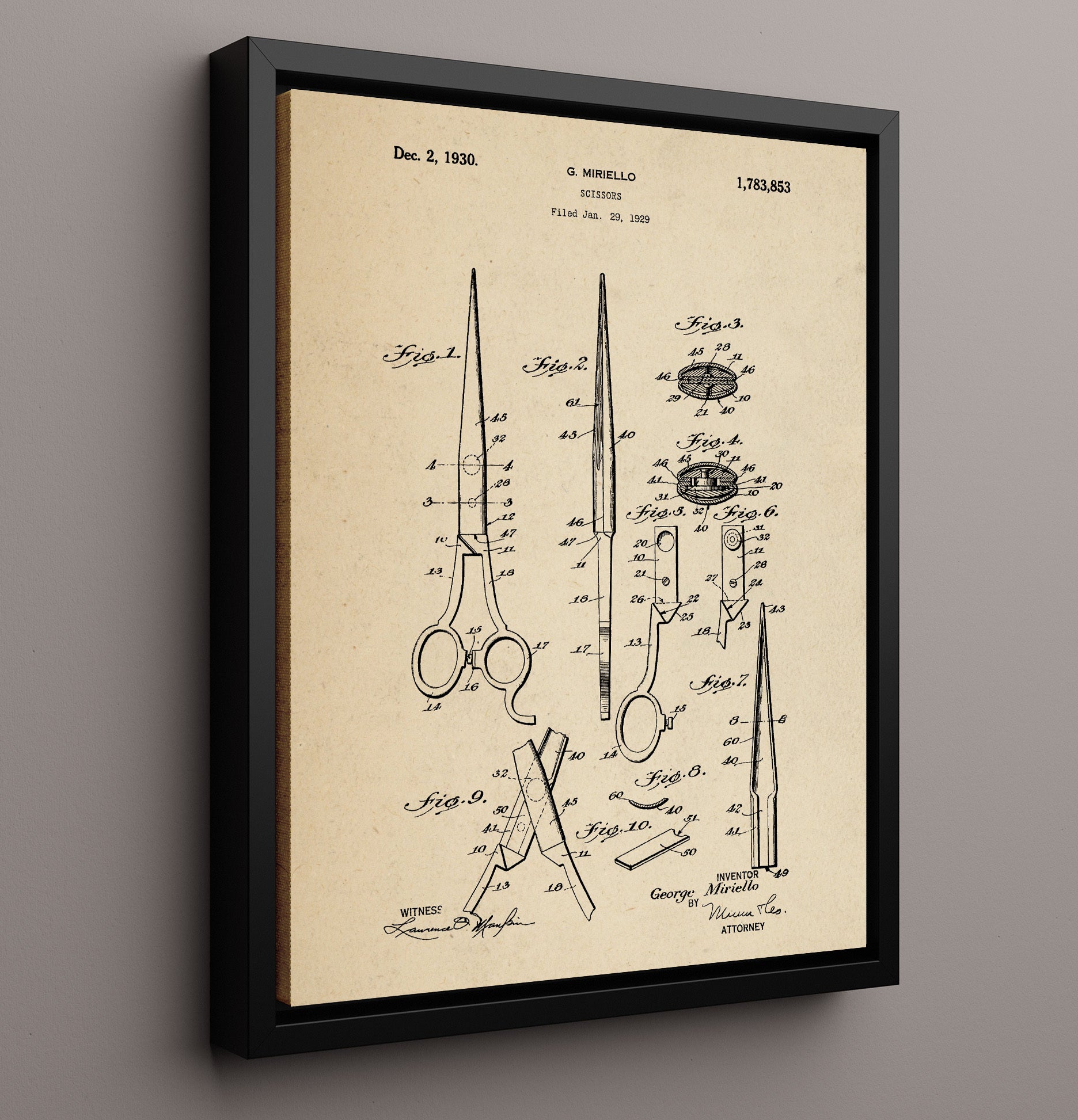 Patent Print - Scissors - G. Miriello - 1930 - Patent 1783853 Patent Wall Art