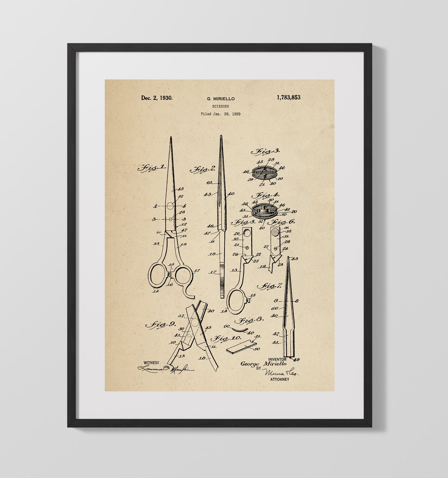Patent Print - Scissors - G. Miriello - 1930 - Patent 1783853 Patent Wall Art