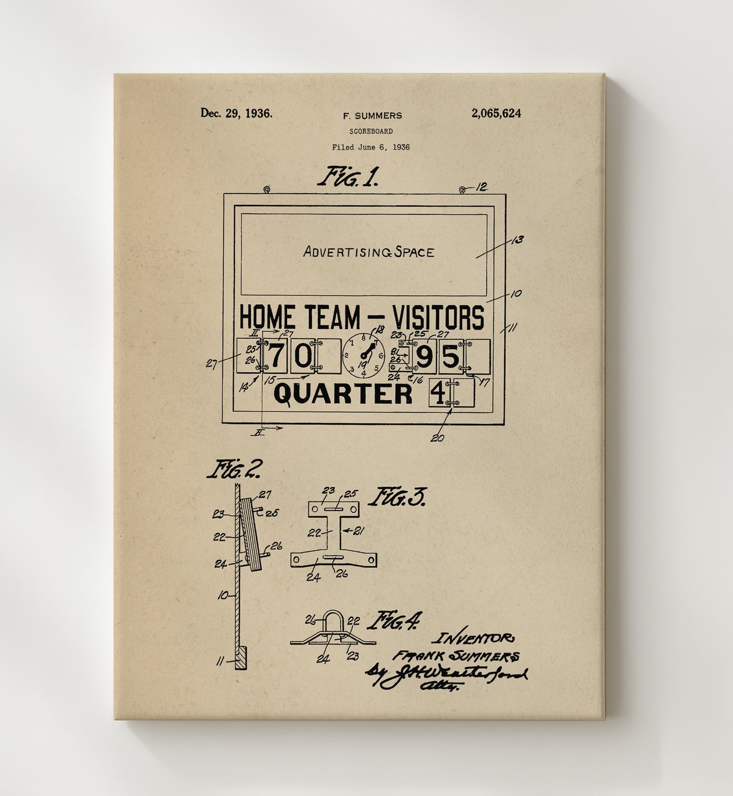 Patent Print - Scoreboard - F Summers - 1936 - Patent 2065624 Patent Wall Art