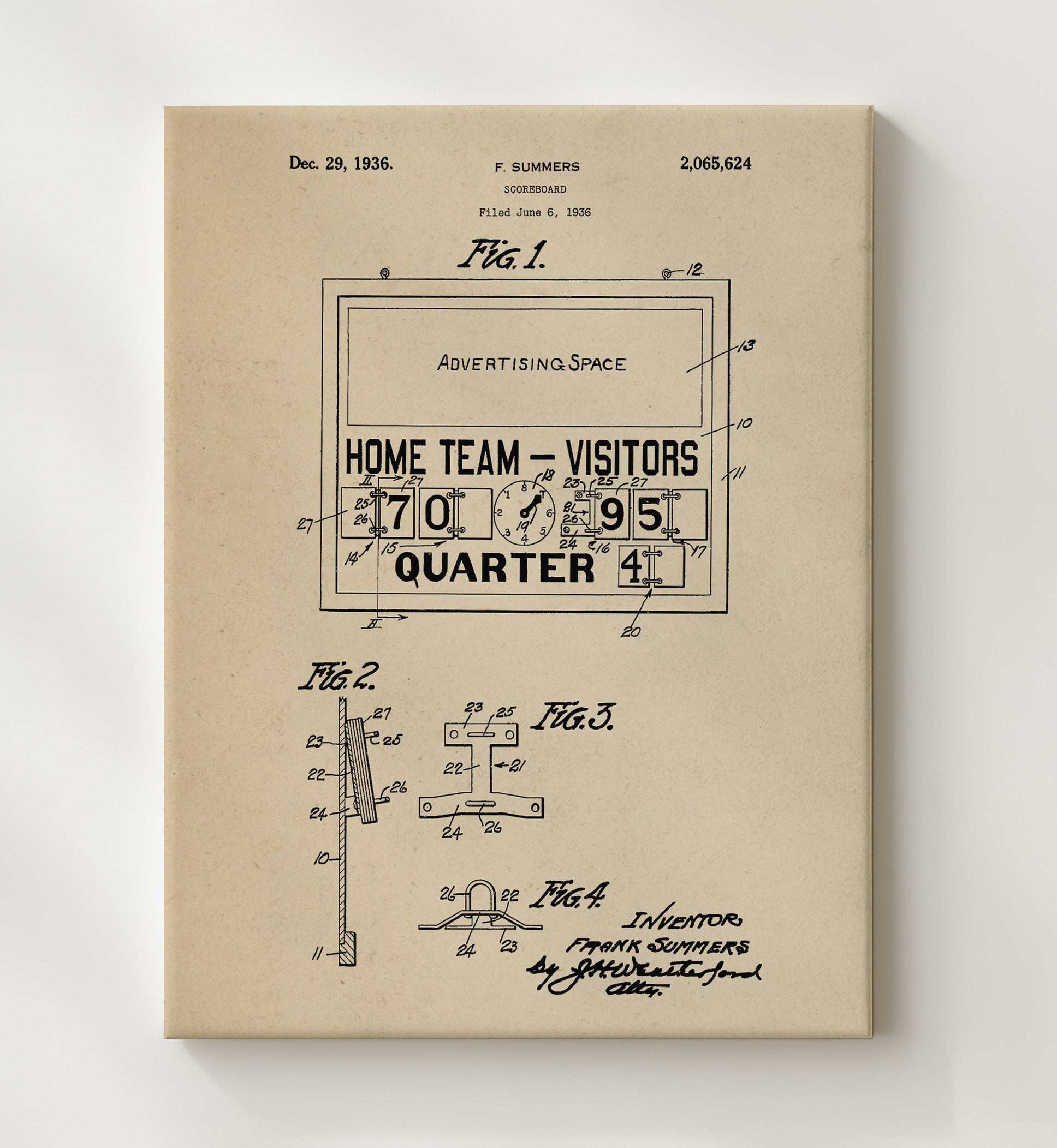 Patent Print - Scoreboard - F Summers - 1936 - Patent 2065624 Patent Wall Art