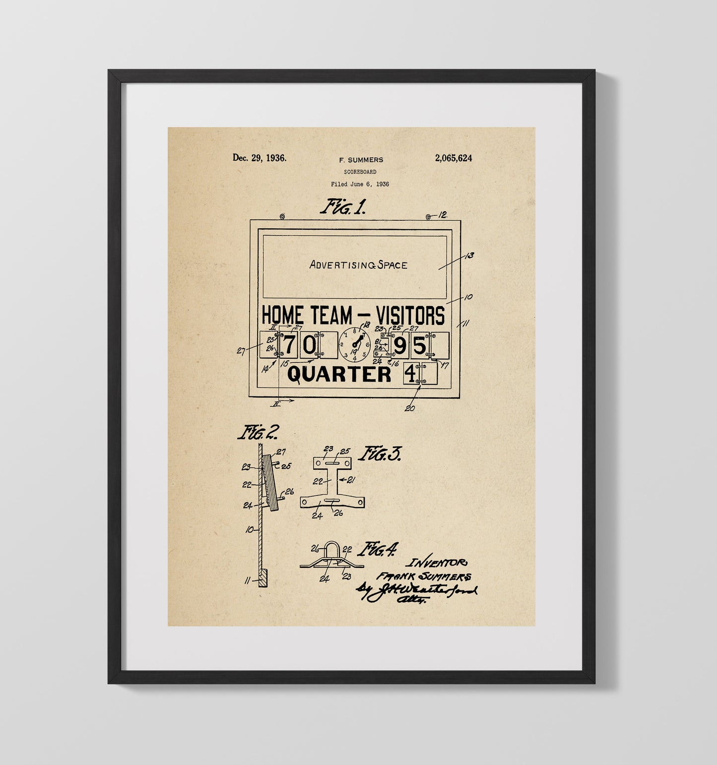 Patent Print - Scoreboard - F Summers - 1936 - Patent 2065624 Patent Wall Art