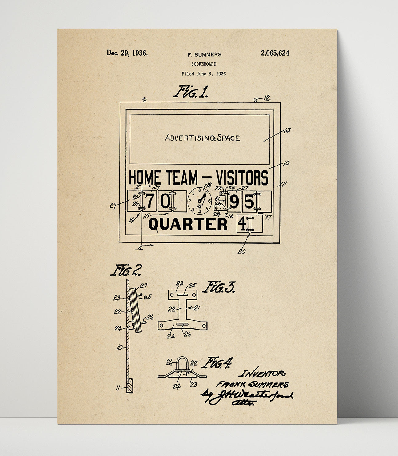 Patent Print - Scoreboard - F Summers - 1936 - Patent 2065624 Patent Wall Art