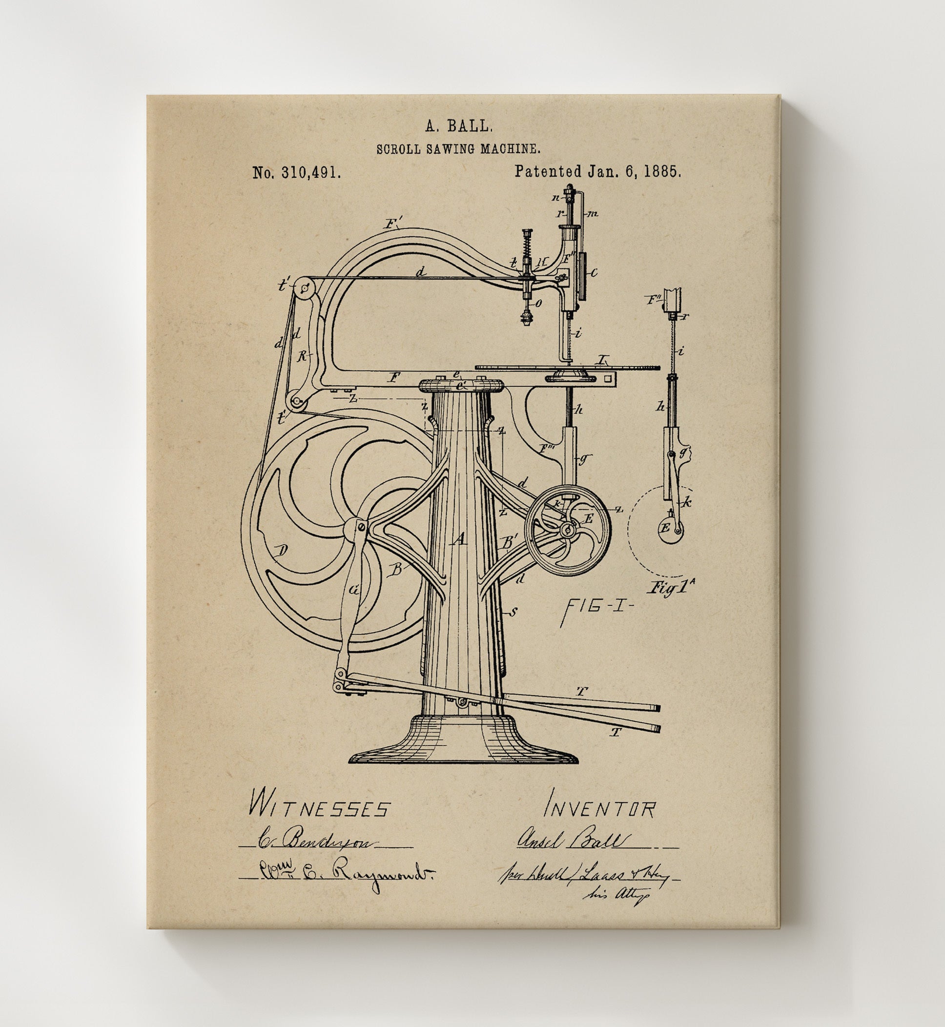 Patent Print - Scroll Sawing Machine - A. Ball - 1885 - Patent 310491 Patent Wall Art
