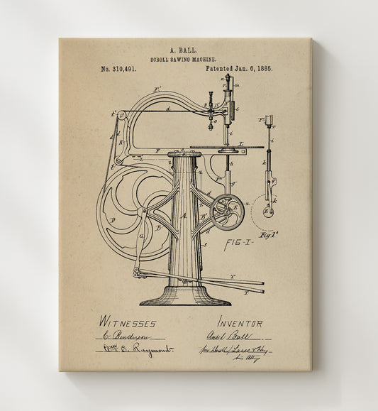 Scroll Sawing Machine 1885 patent print wall art 8x10 Canvas