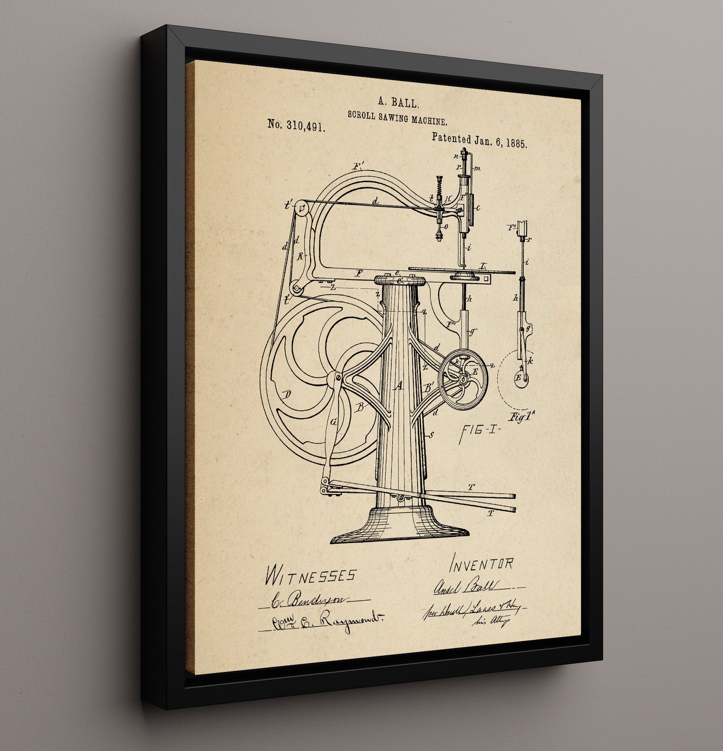 Patent Print - Scroll Sawing Machine - A. Ball - 1885 - Patent 310491 Patent Wall Art