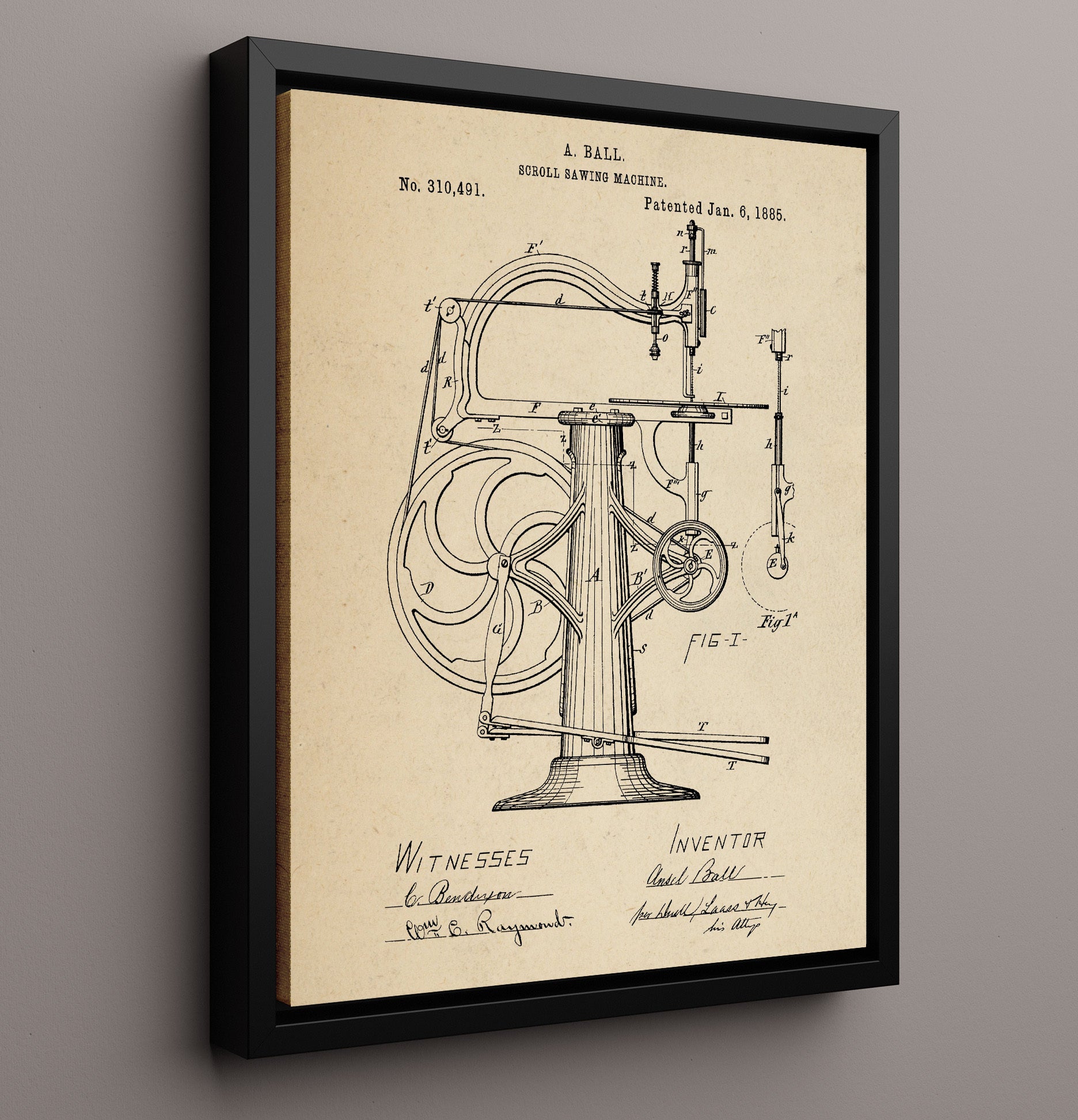 Patent Print - Scroll Sawing Machine - A. Ball - 1885 - Patent 310491 Patent Wall Art