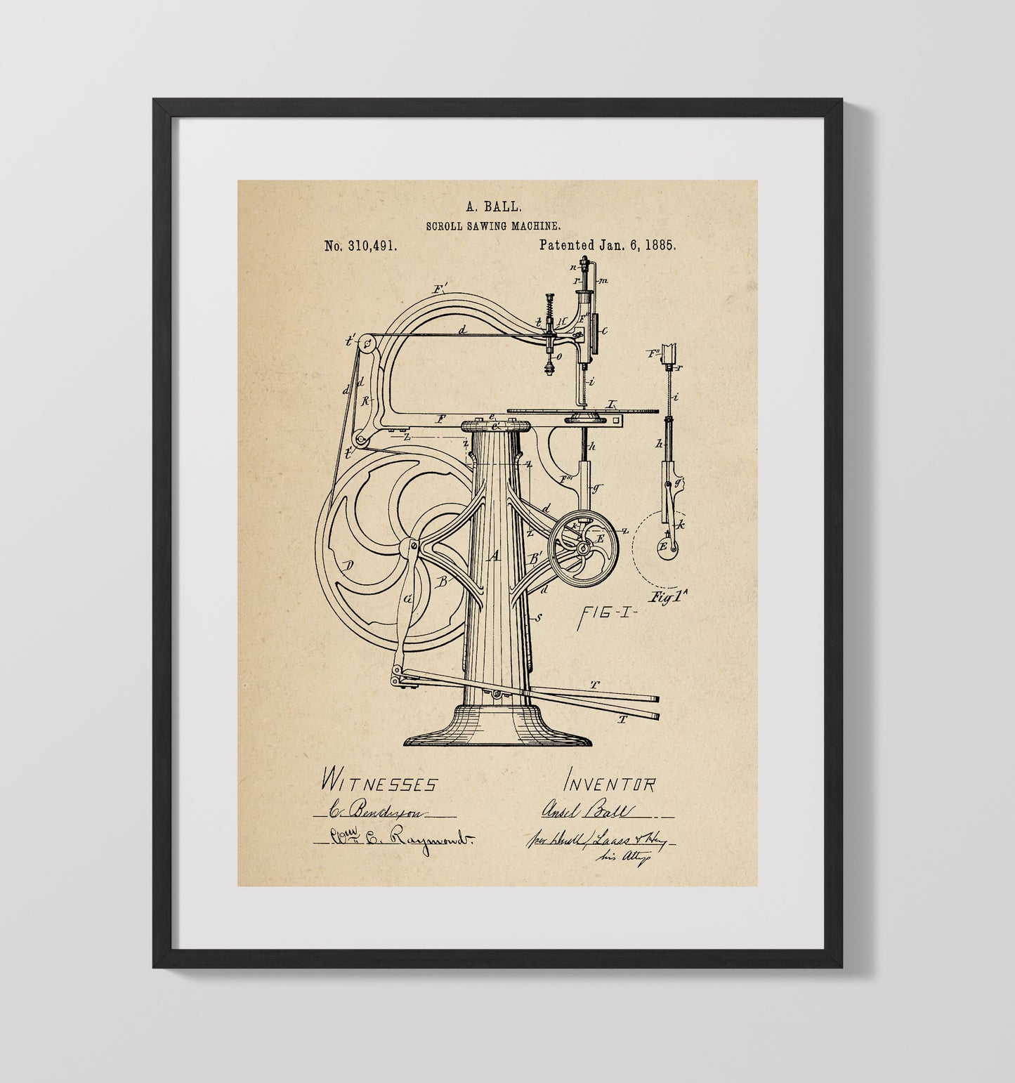 Patent Print - Scroll Sawing Machine - A. Ball - 1885 - Patent 310491 Patent Wall Art