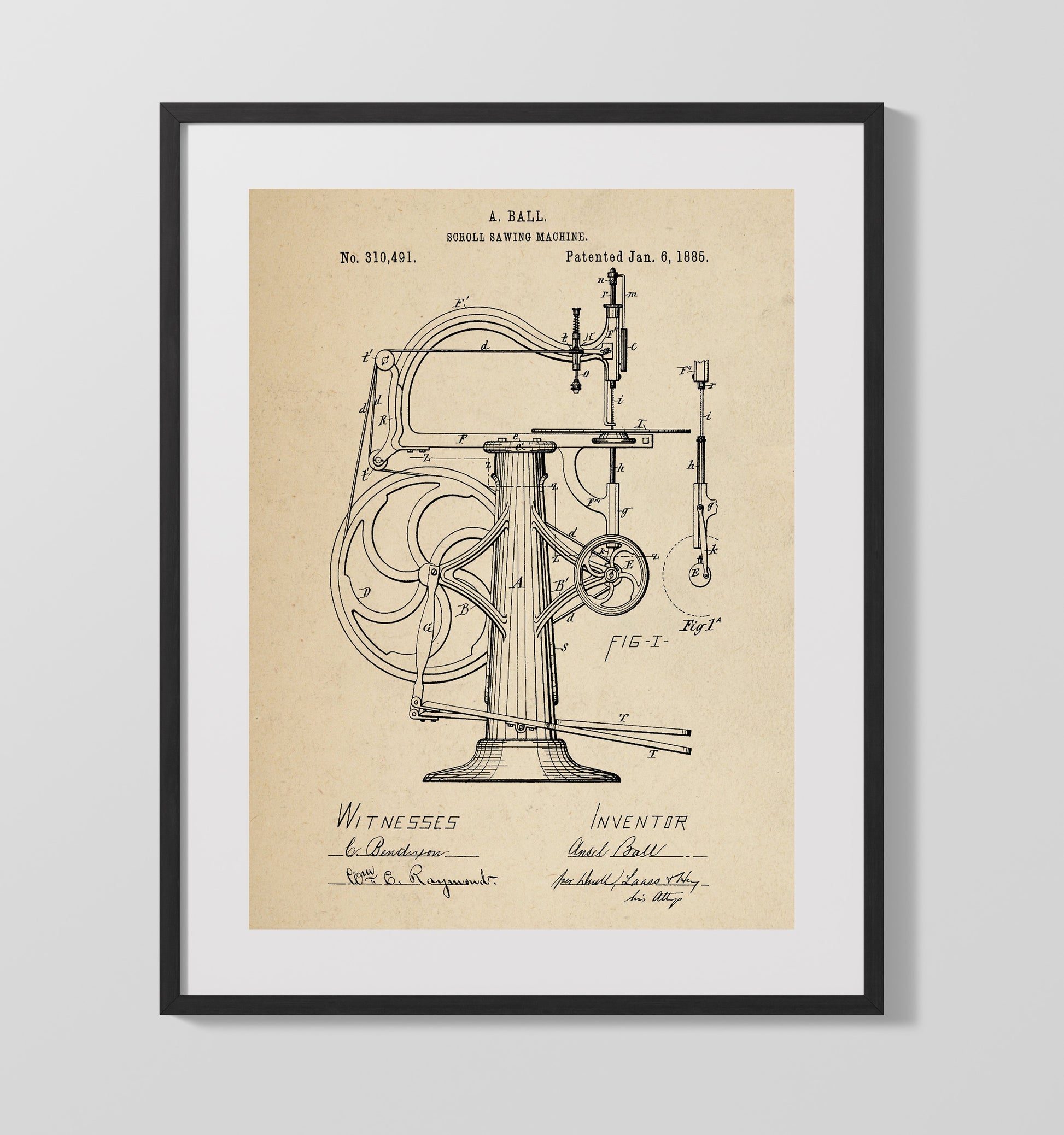 Patent Print - Scroll Sawing Machine - A. Ball - 1885 - Patent 310491 Patent Wall Art