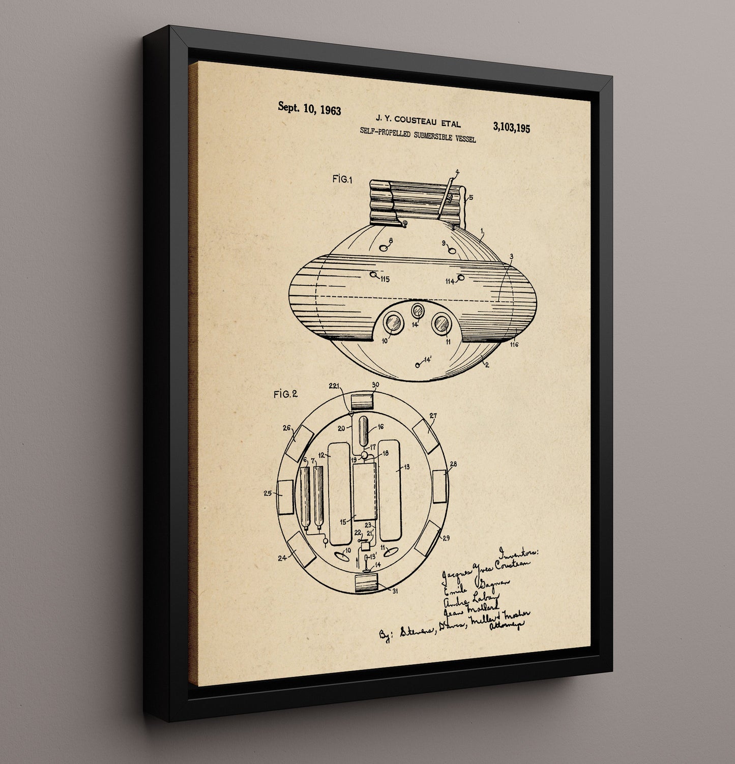Patent Print - Self-Propelled Submersible Vessel - Jacques Yves Cousteau Et Al - 1963 - Patent 3103195 Patent Wall Art