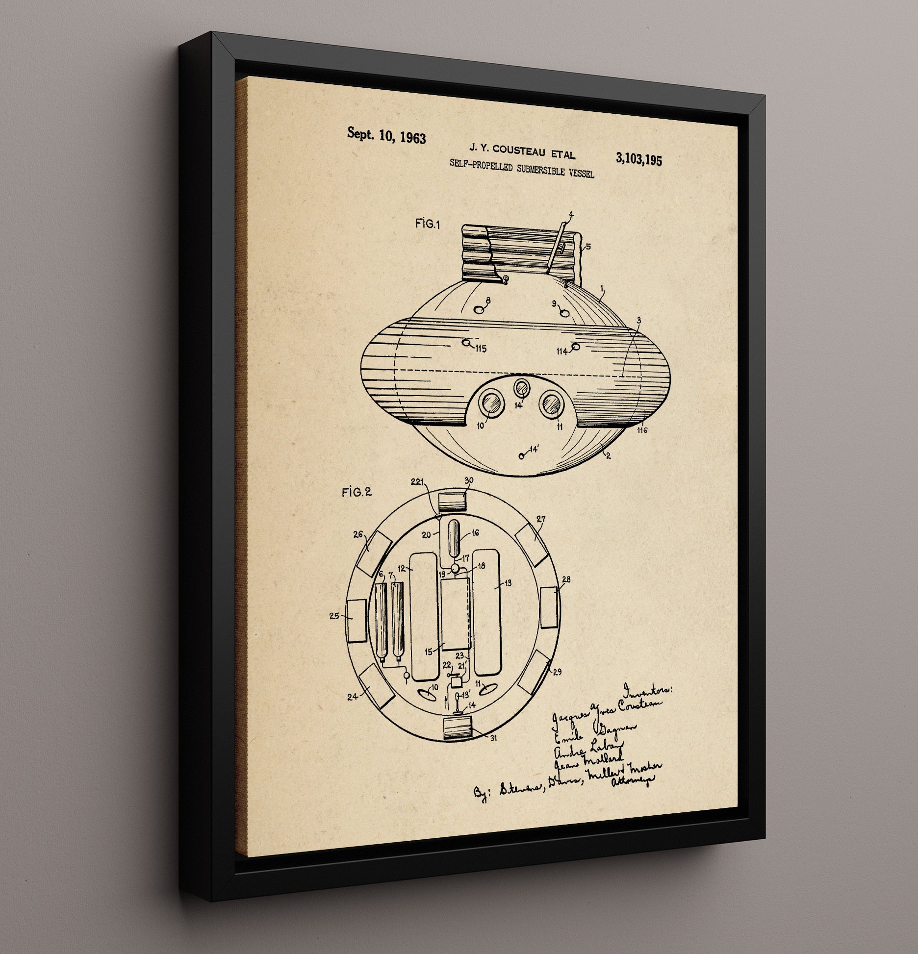 Patent Print - Self-Propelled Submersible Vessel - Jacques Yves Cousteau Et Al - 1963 - Patent 3103195 Patent Wall Art
