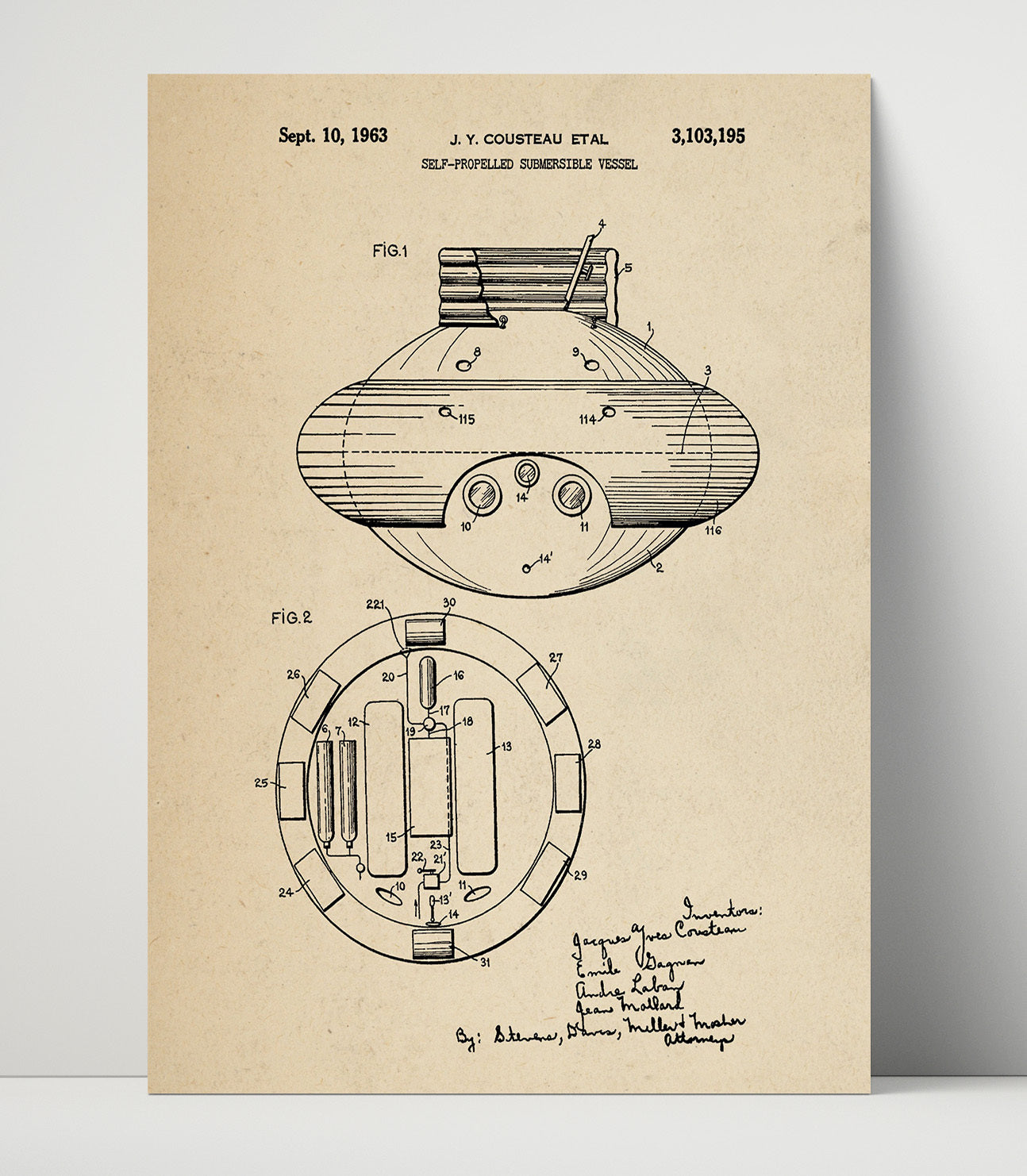 Patent Print - Self-Propelled Submersible Vessel - Jacques Yves Cousteau Et Al - 1963 - Patent 3103195 Patent Wall Art