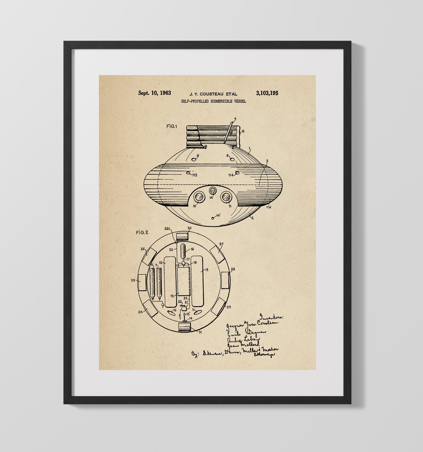 Patent Print - Self-Propelled Submersible Vessel - Jacques Yves Cousteau Et Al - 1963 - Patent 3103195 Patent Wall Art
