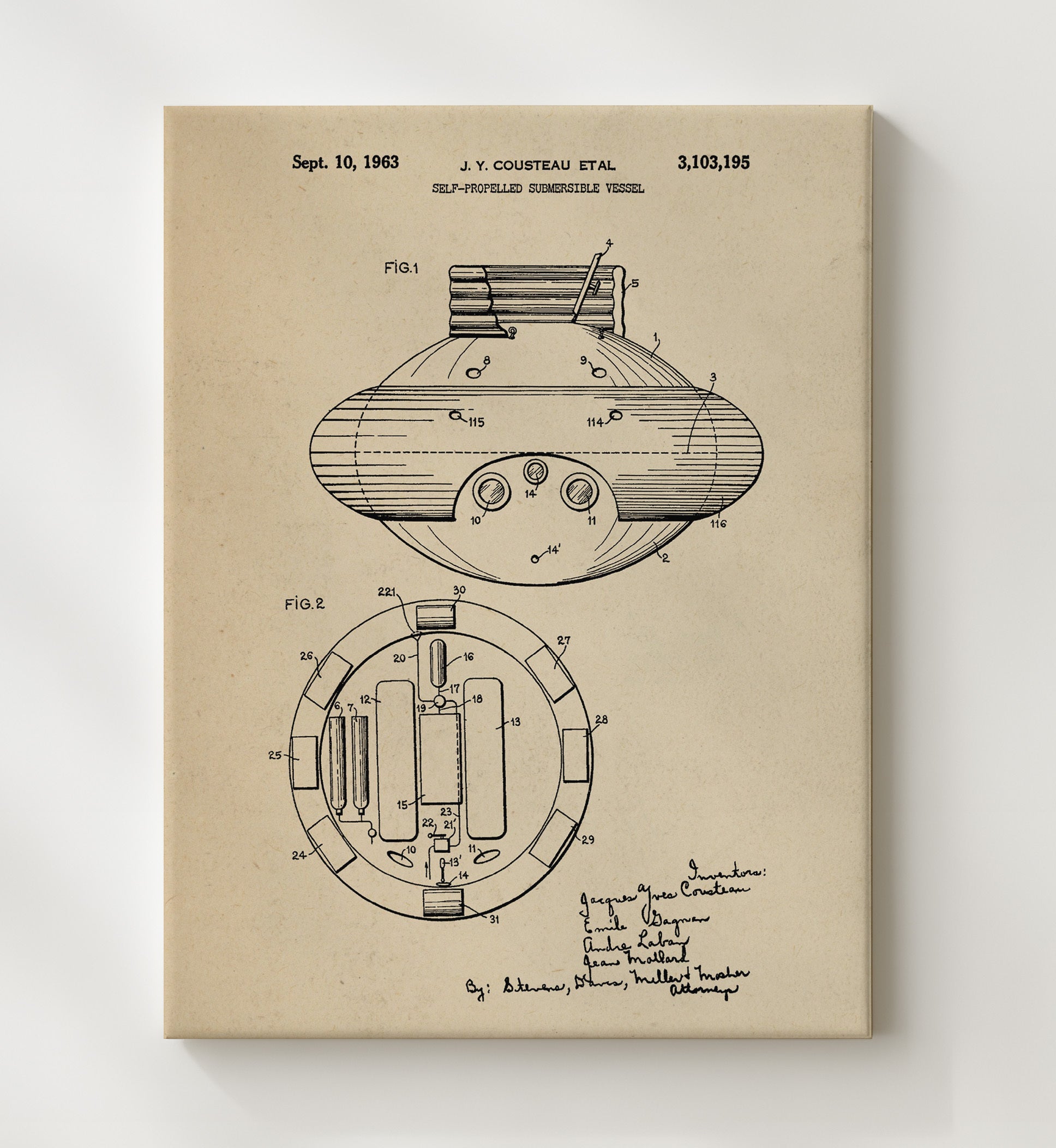 Patent Print - Self-Propelled Submersible Vessel - Jacques Yves Cousteau Et Al - 1963 - Patent 3103195 Patent Wall Art