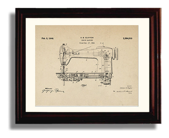 Patent Print - Sewing Machine - Andrew B. Clayton - 1946 - Patent 2394510 - Landscape Patent Wall Art