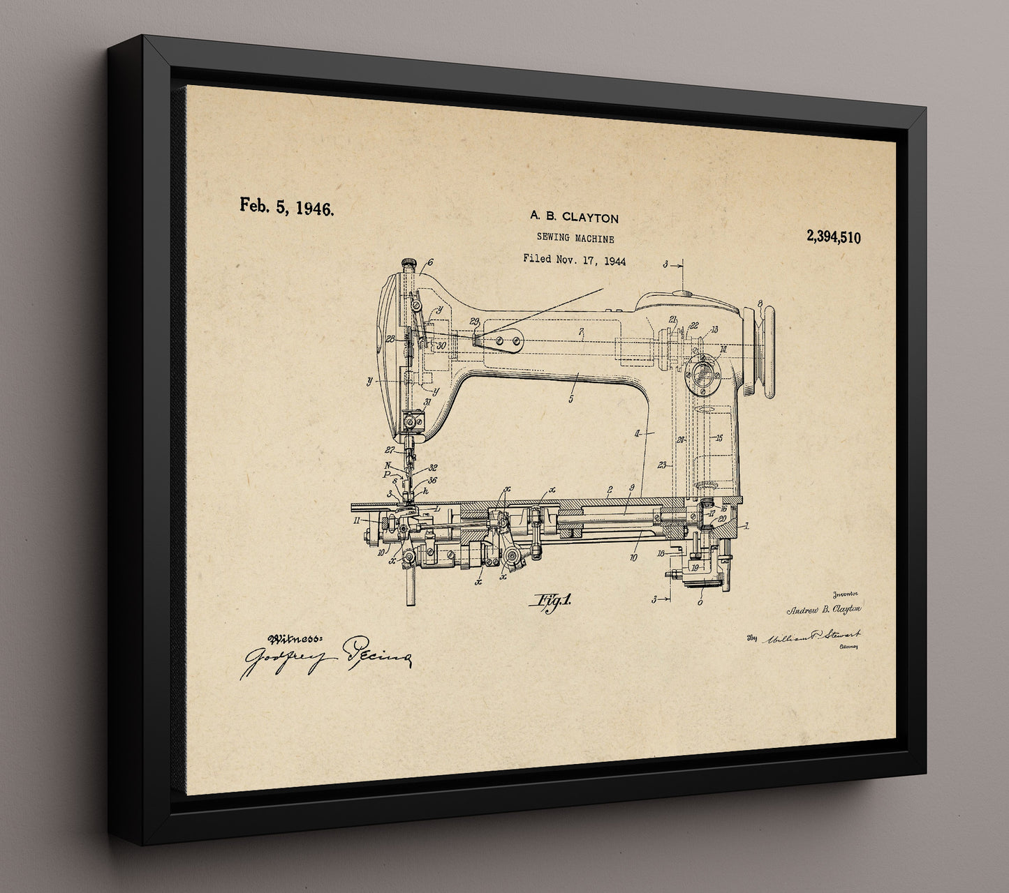 Patent Print - Sewing Machine - Andrew B. Clayton - 1946 - Patent 2394510 - Landscape Patent Wall Art